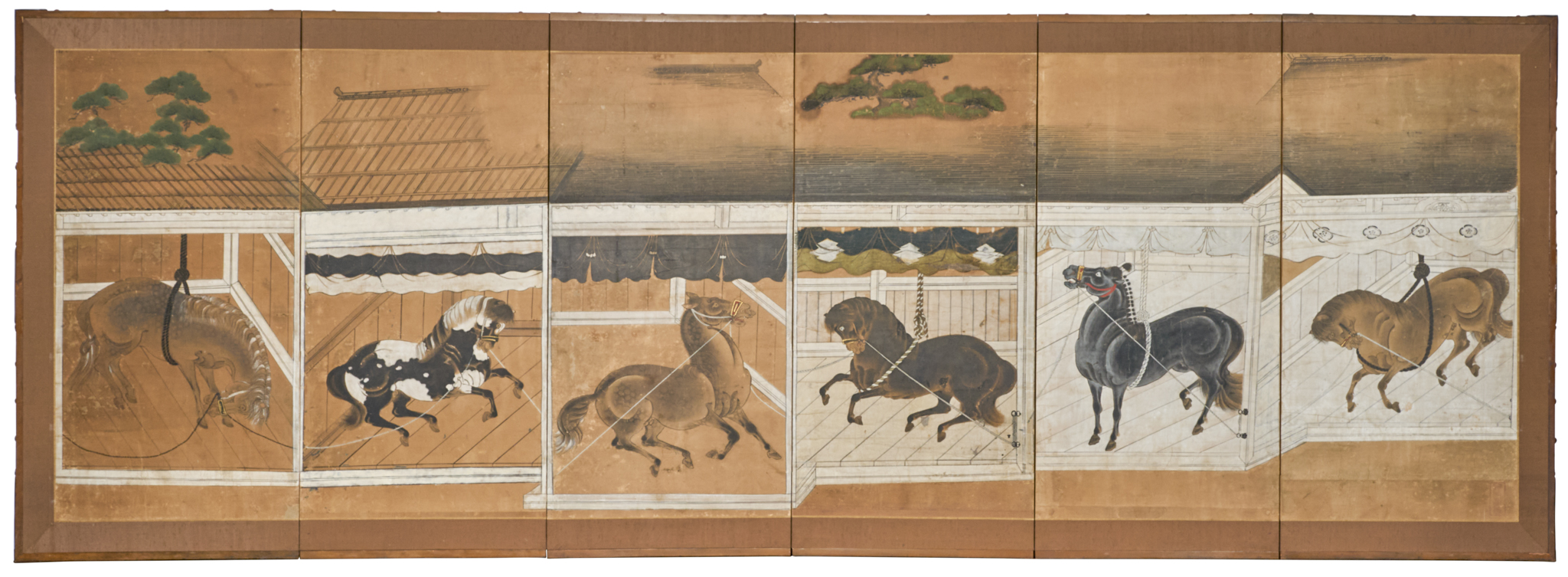 Japanese Six Panel Screen: Horses in Stable