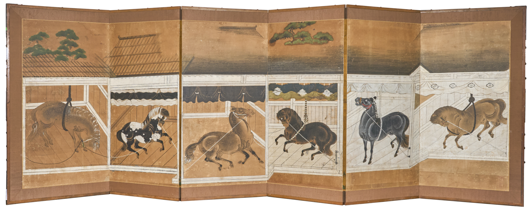 Japanese Six Panel Screen: Horses in Stable