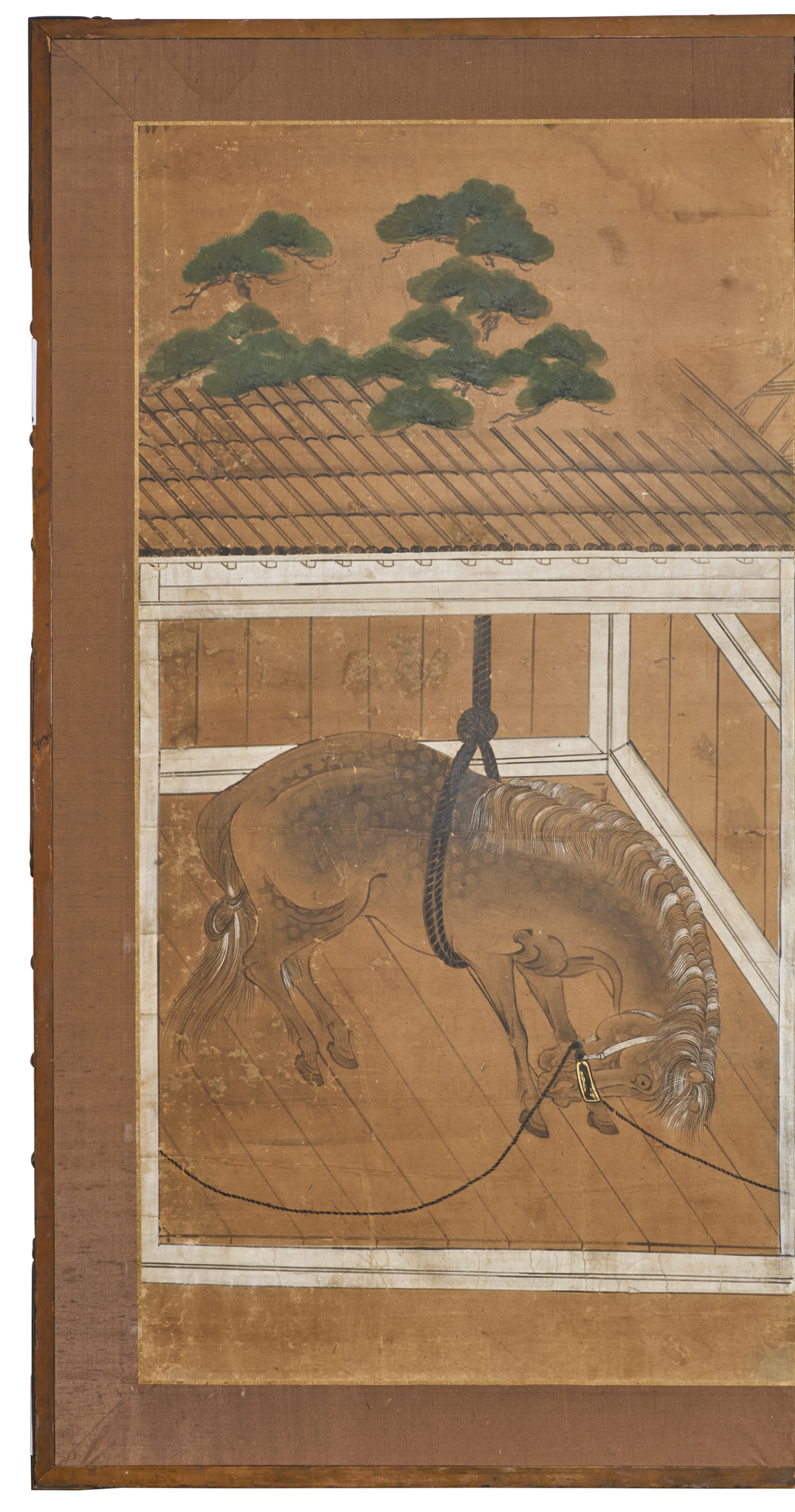 Japanese Six Panel Screen: Horses in Stable