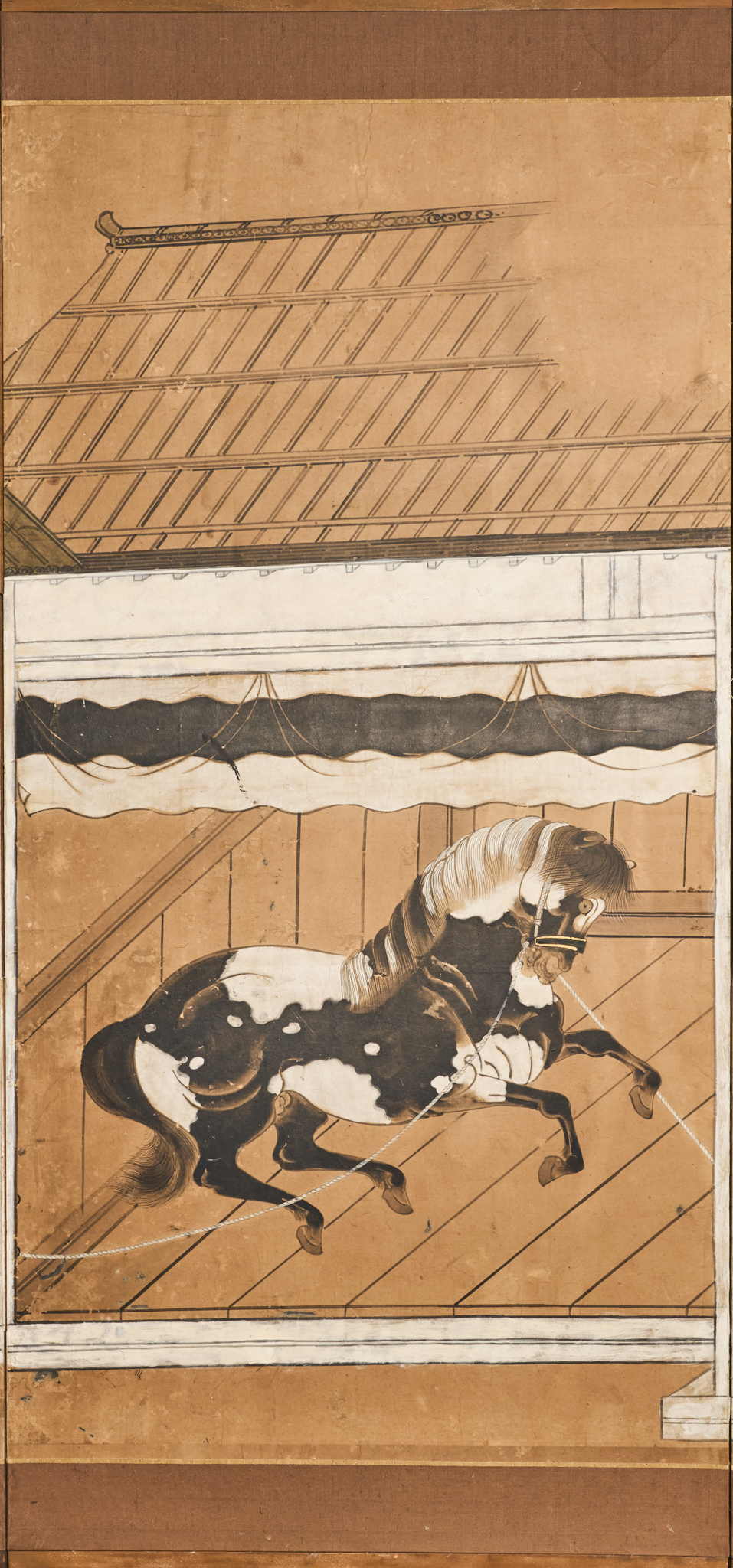 Japanese Six Panel Screen: Horses in Stable