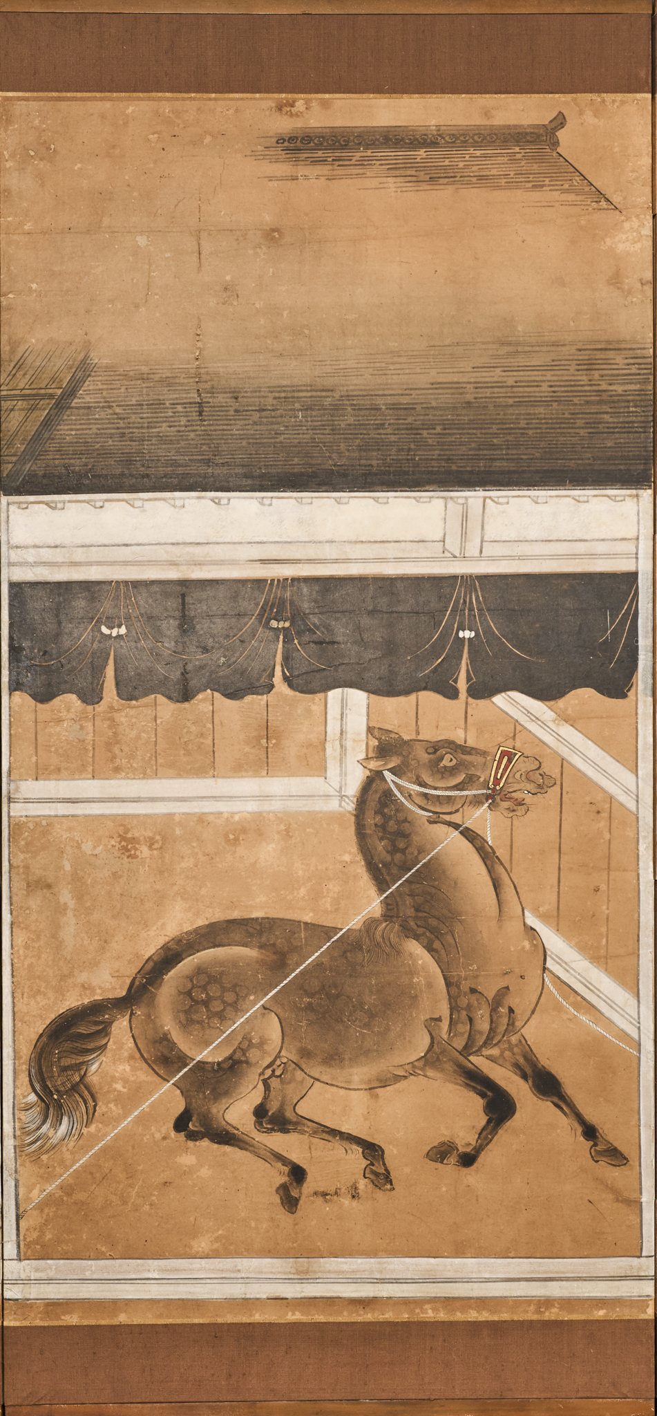 Japanese Six Panel Screen: Horses in Stable