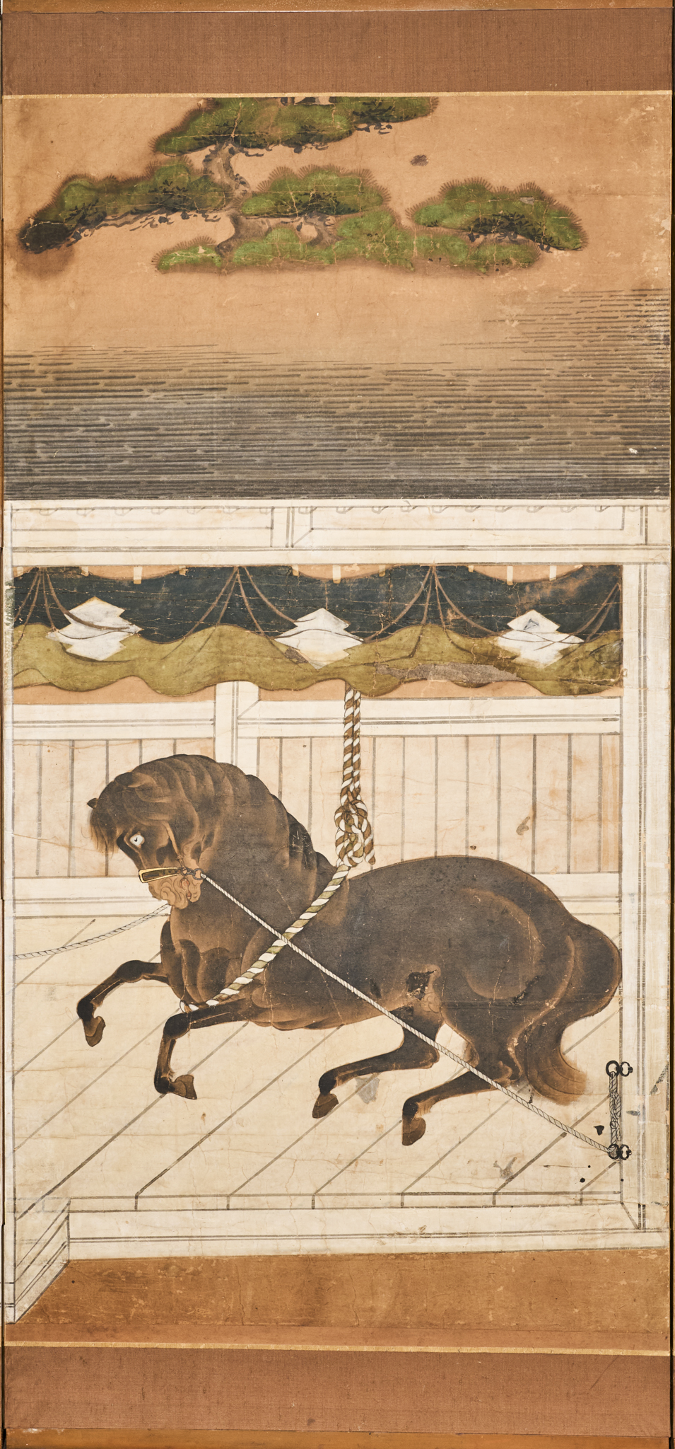Japanese Six Panel Screen: Horses in Stable