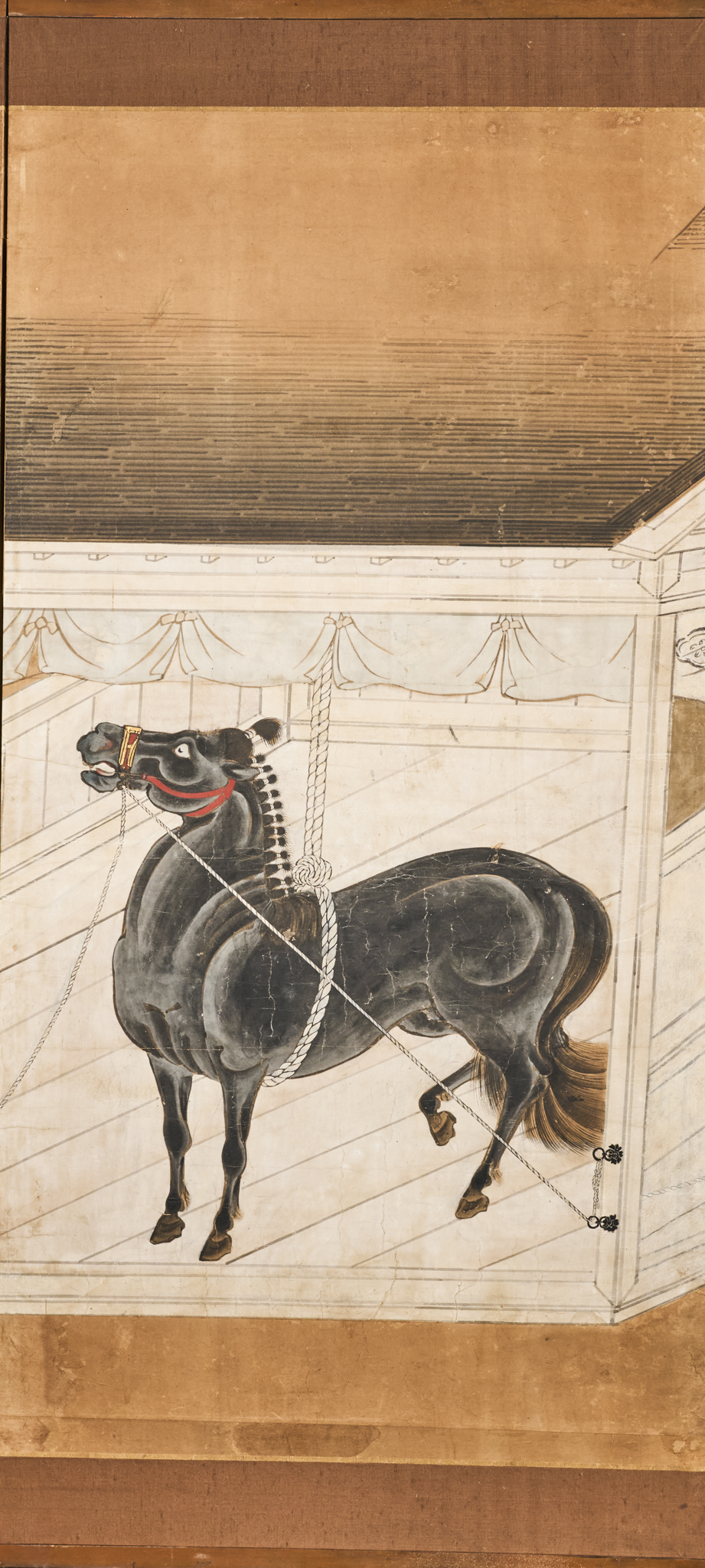 Japanese Six Panel Screen: Horses in Stable