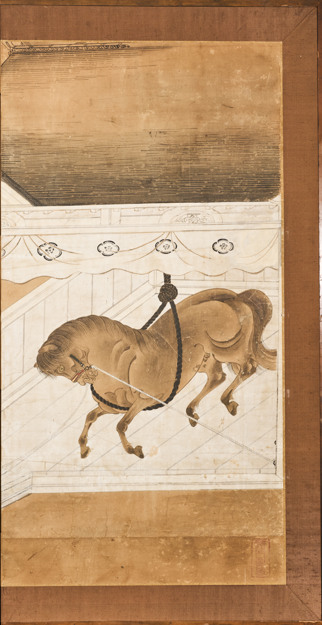 Japanese Six Panel Screen: Horses in Stable