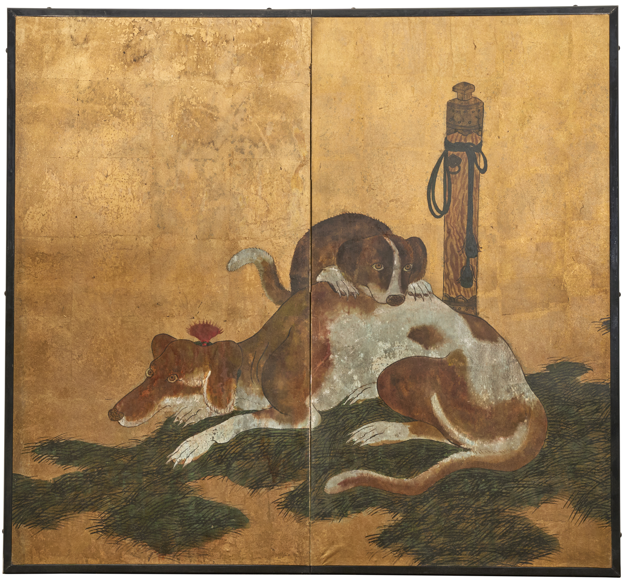 Japanese Two Panel Screen: European Hounds