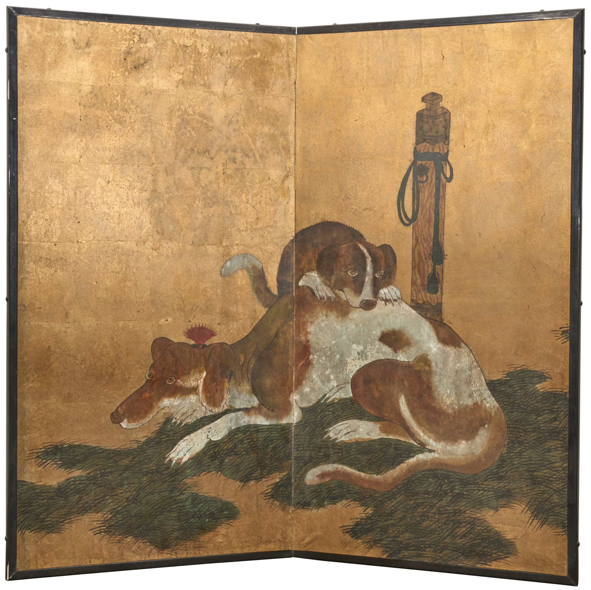 Japanese Two Panel Screen: European Hounds