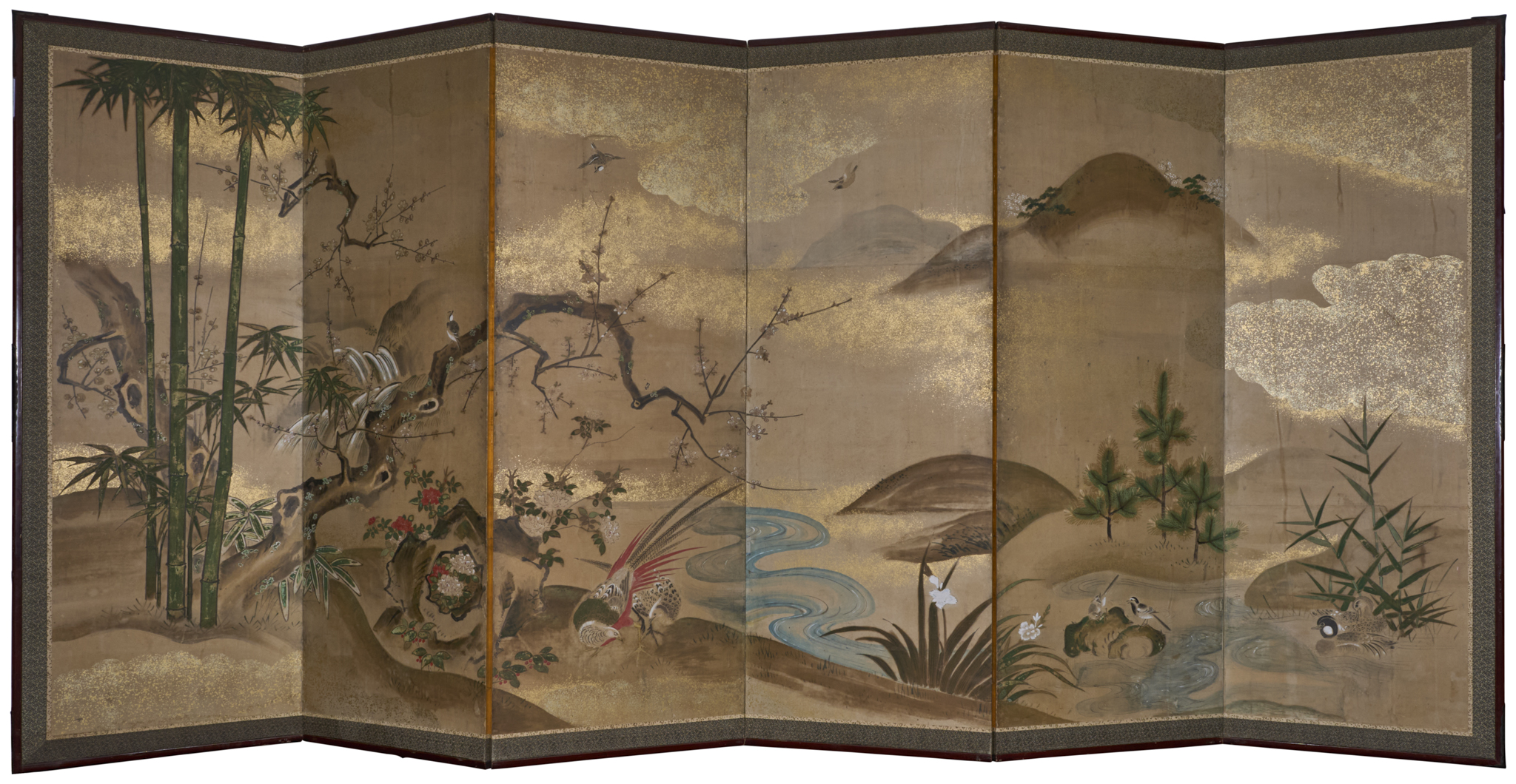 Japanese Six Panel Screen: Pheasant in River Landscape