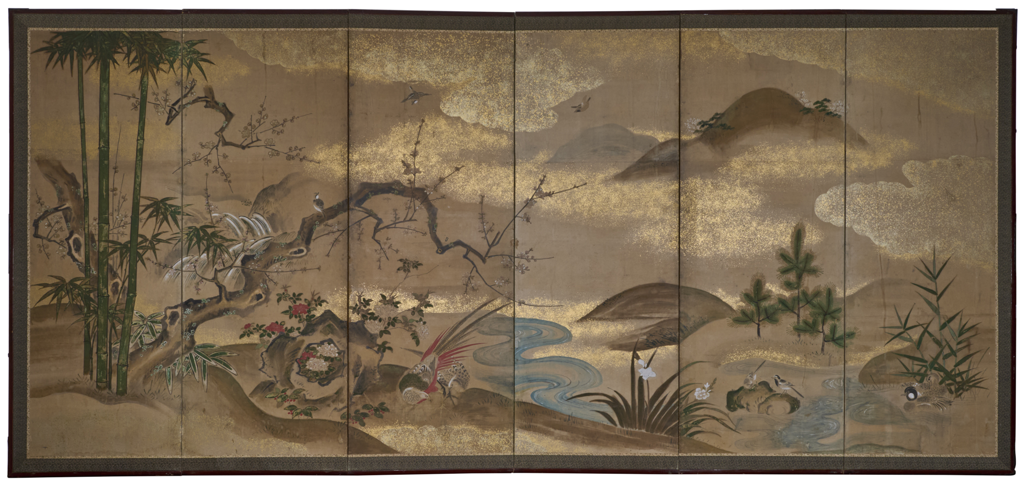 Japanese Six Panel Screen: Pheasant in River Landscape