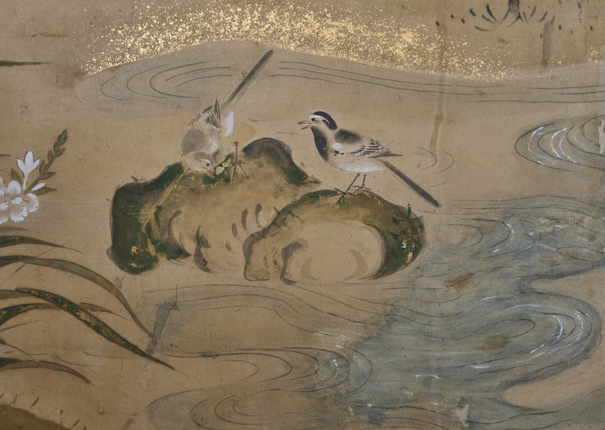Japanese Six Panel Screen: Pheasant in River Landscape