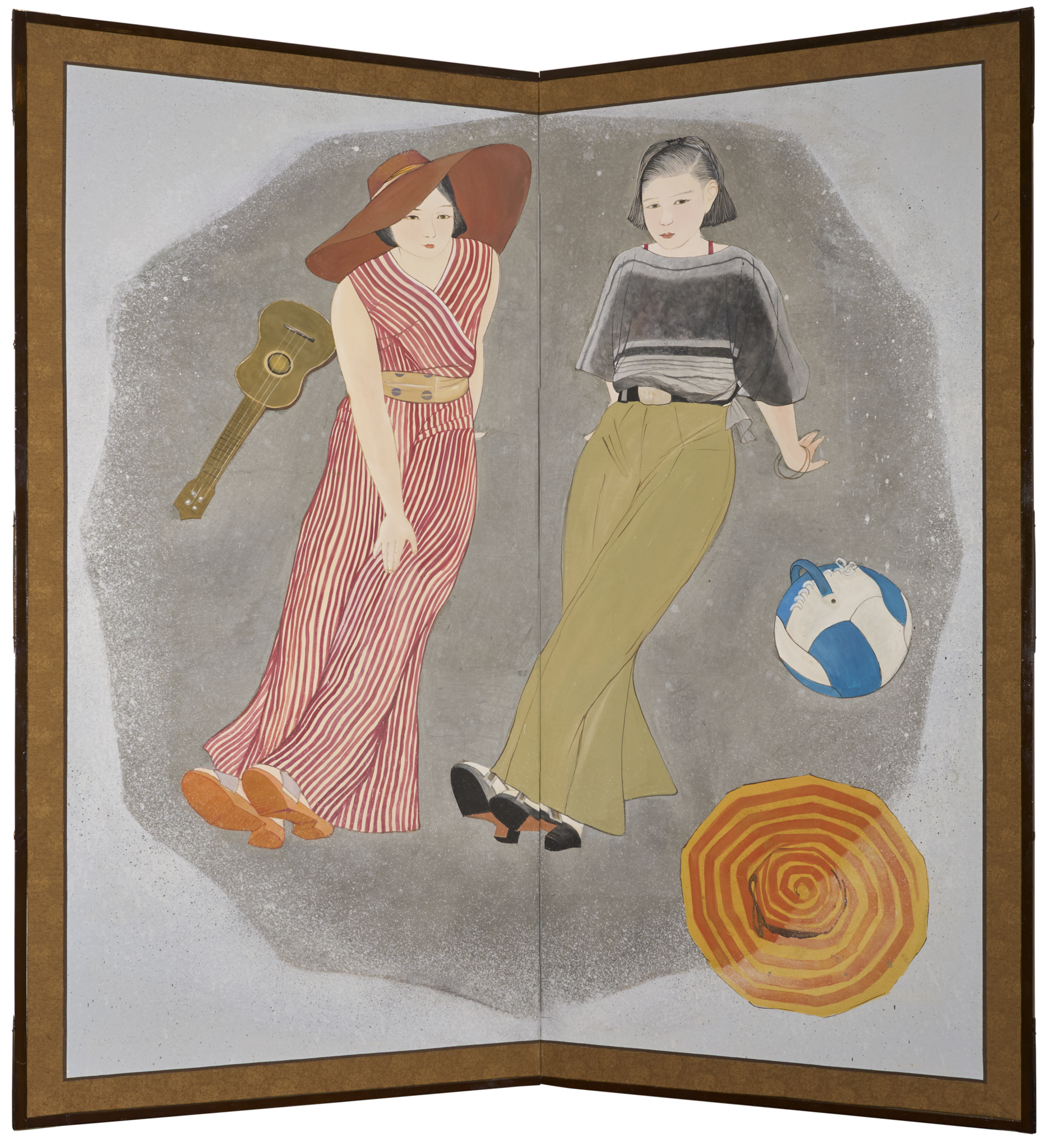 Japanese Two Panel Screen: Beach Party