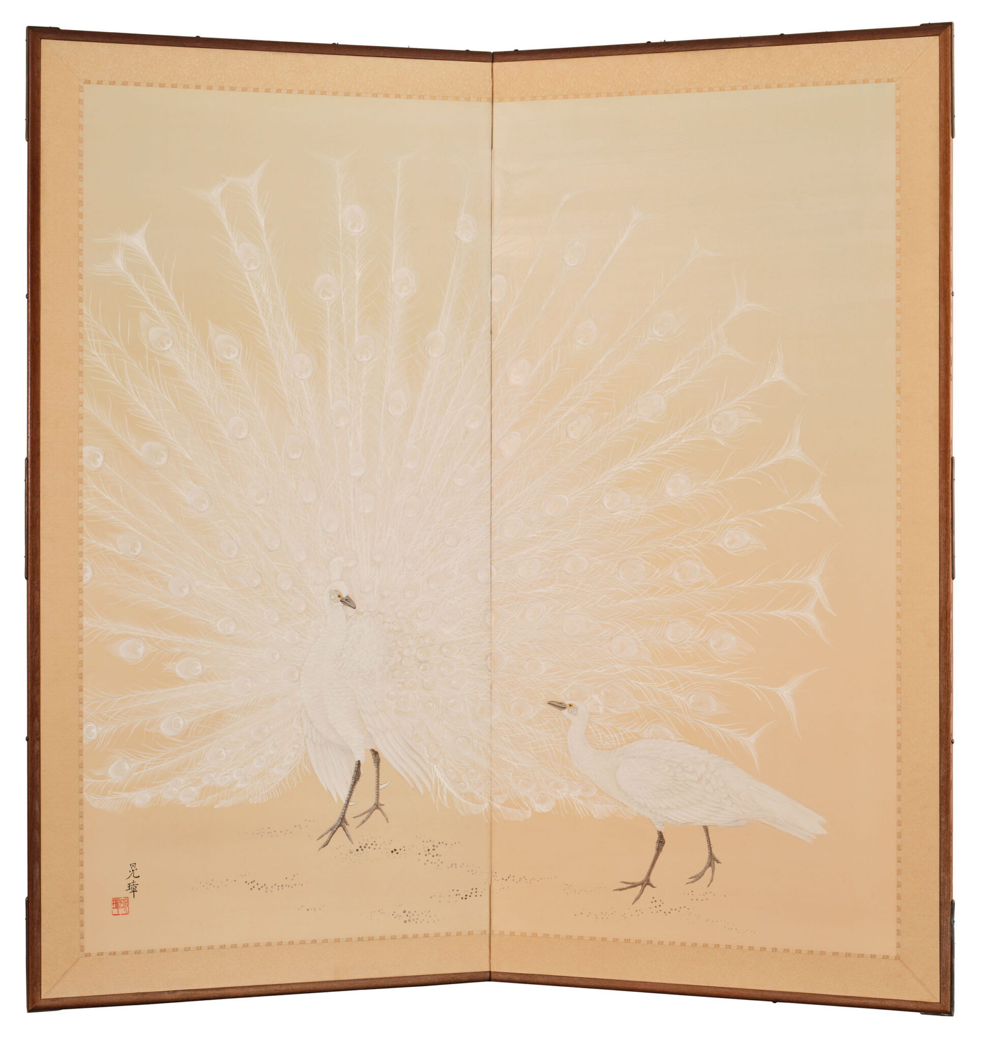 Japanese Two Panel Screen: White Peafowl in Courtship Display