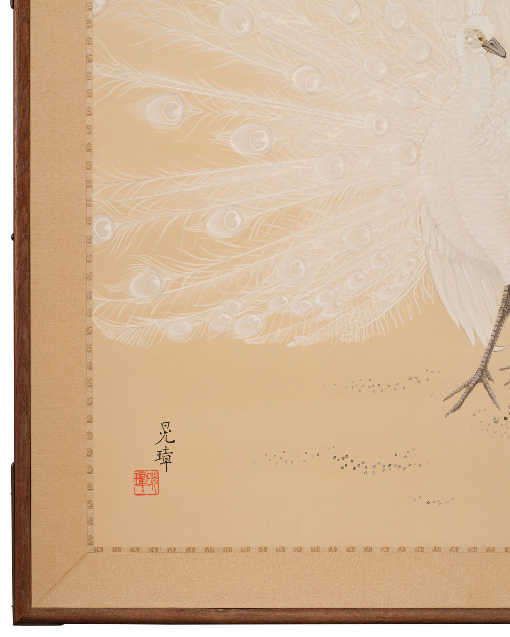 Japanese Two Panel Screen: White Peafowl in Courtship Display