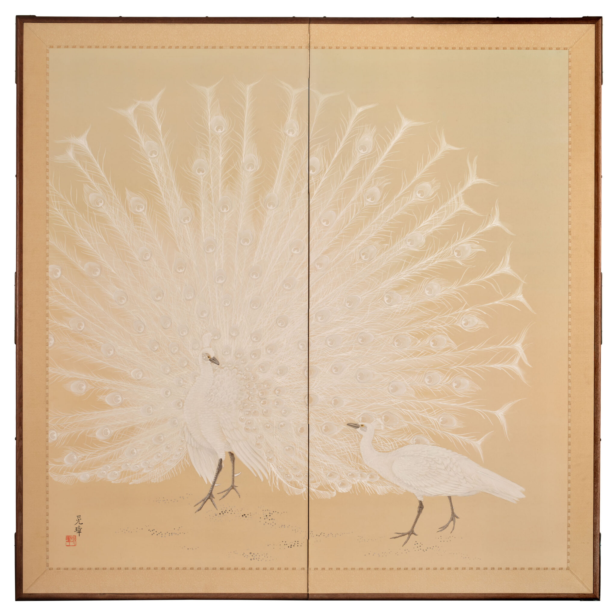 Japanese Two Panel Screen: White Peafowl in Courtship Display