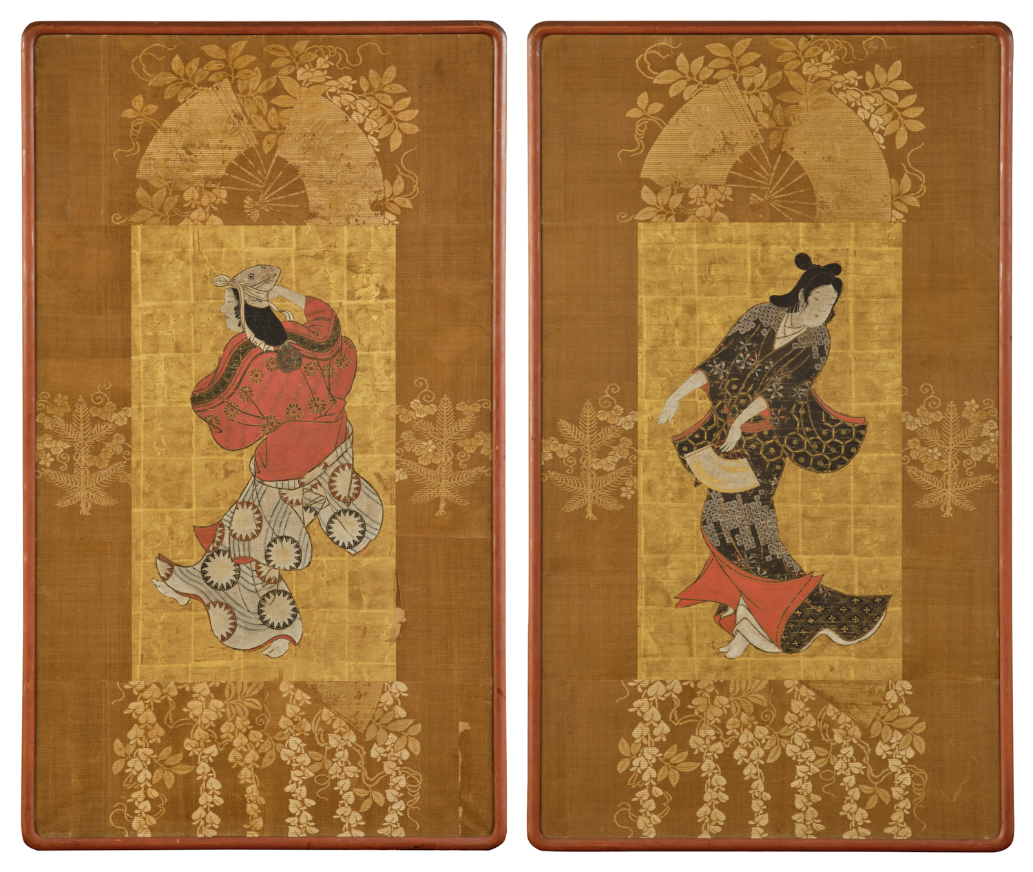 Pair of Framed Single Panels: Hikone Ukiyo-e Style Dancers