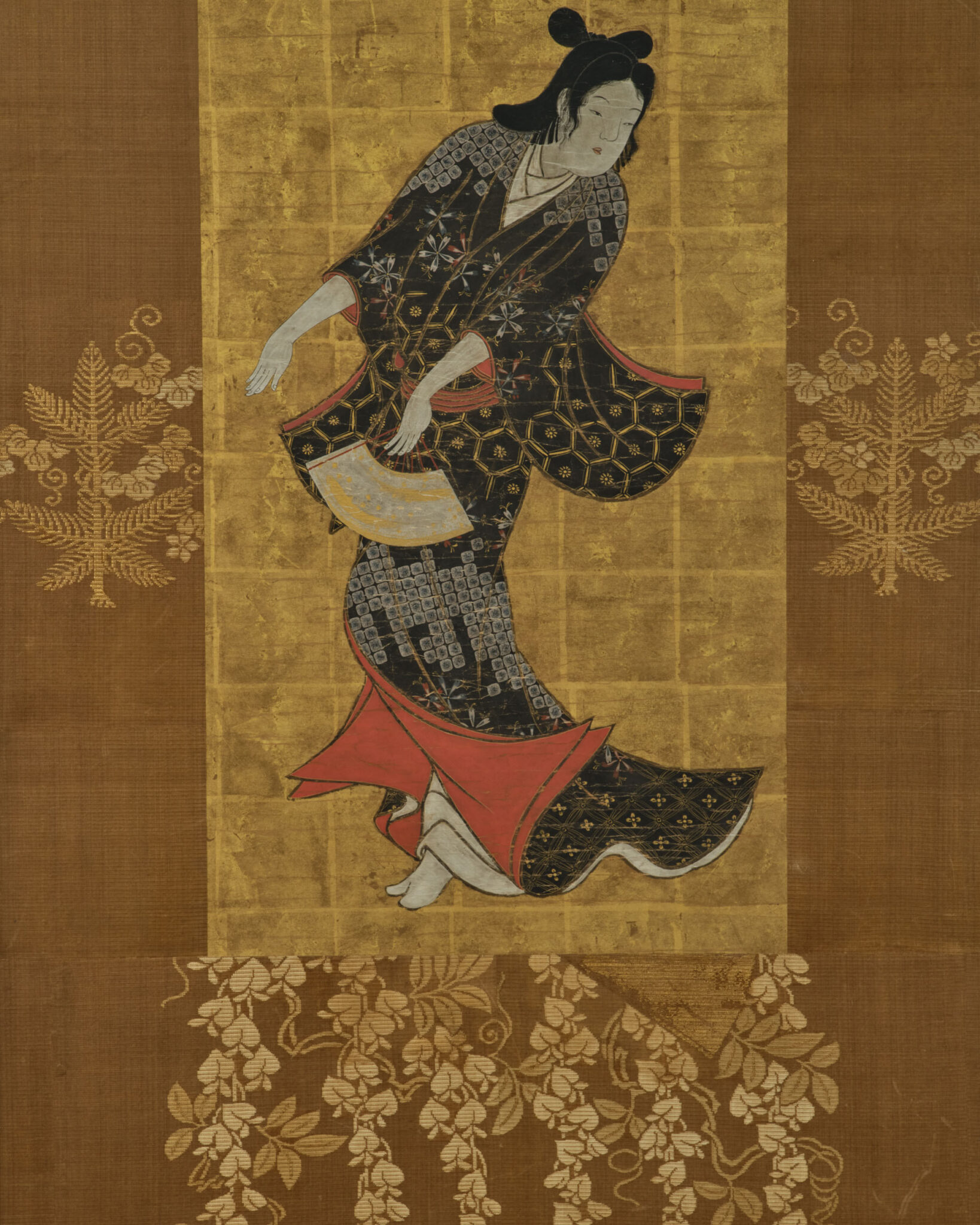 Pair of Framed Single Panels: Hikone Ukiyo-e Style Dancers