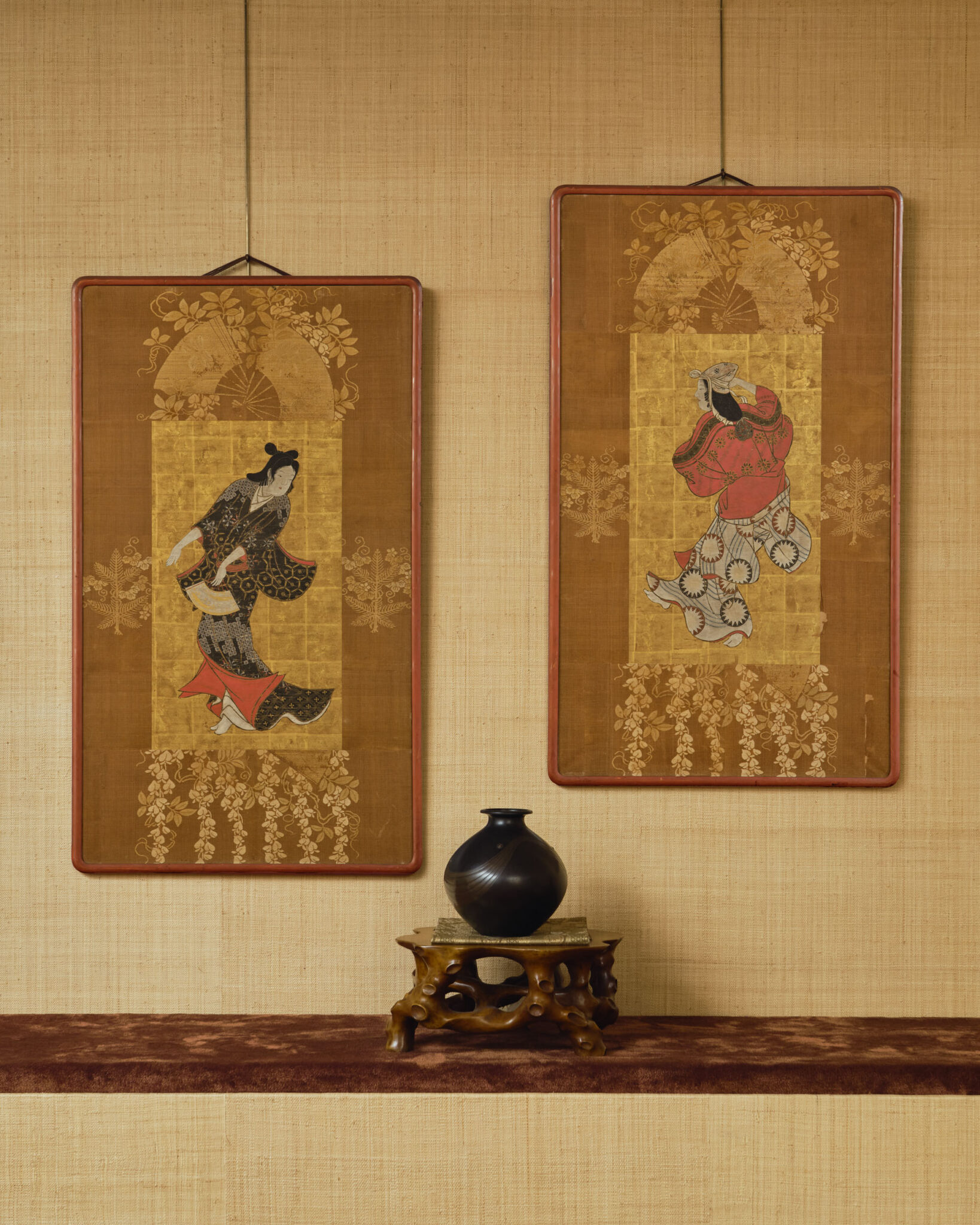 Pair of Framed Single Panels: Hikone Ukiyo-e Style Dancers