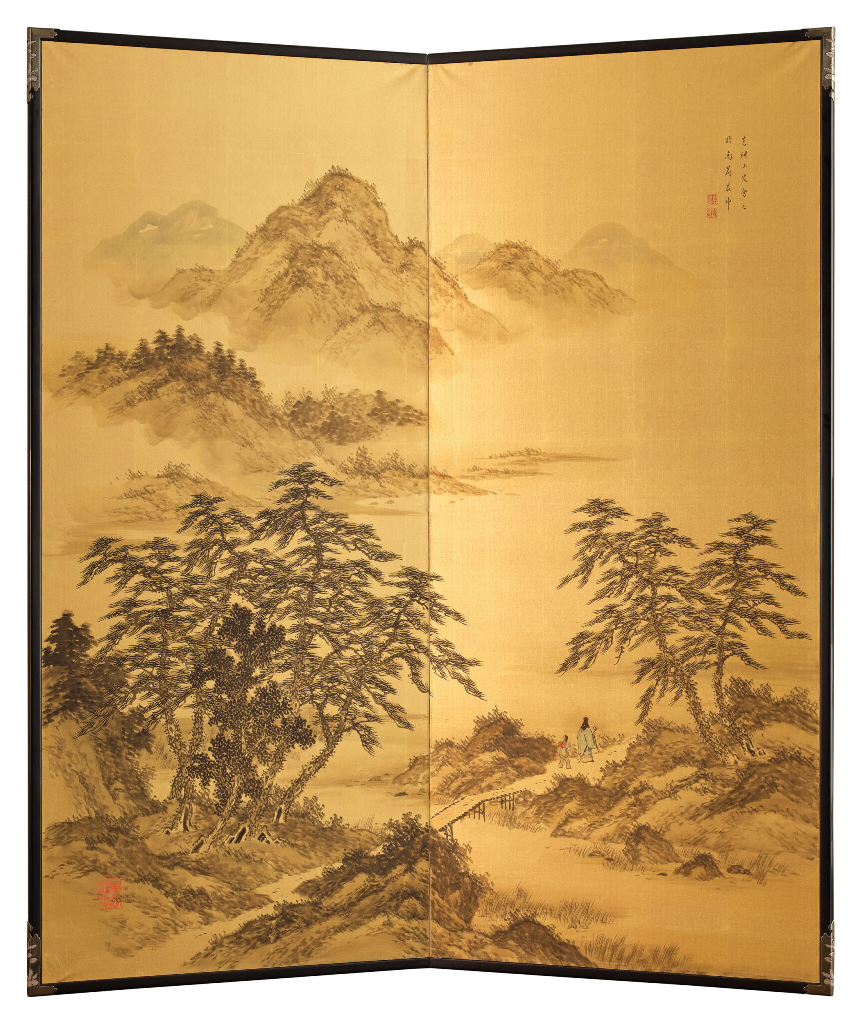 Japanese Two Panel Screen: Rural Mountain Landscape