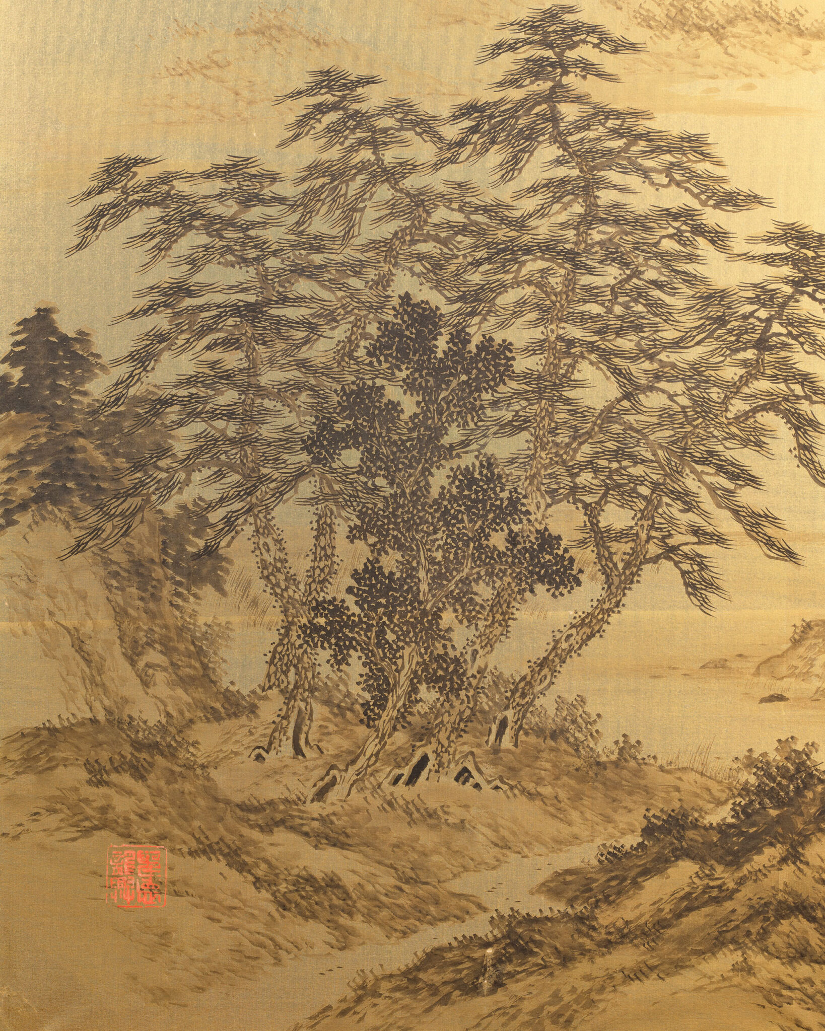 Japanese Two Panel Screen: Rural Mountain Landscape