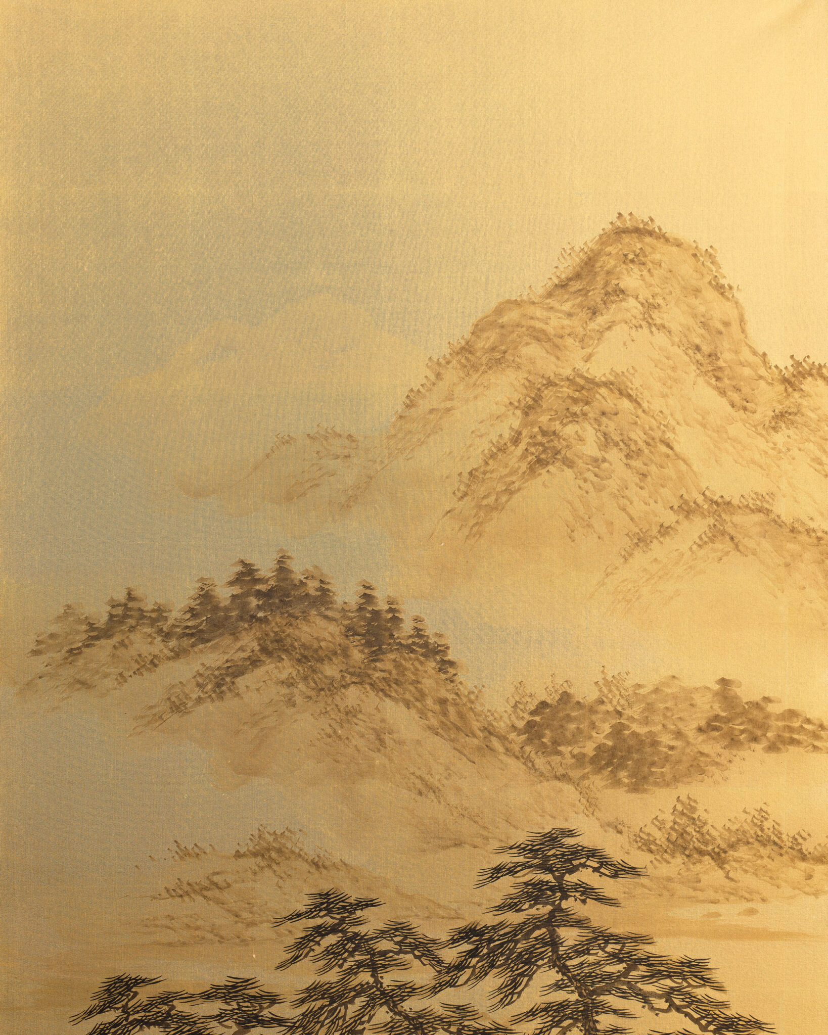 Japanese Two Panel Screen: Rural Mountain Landscape