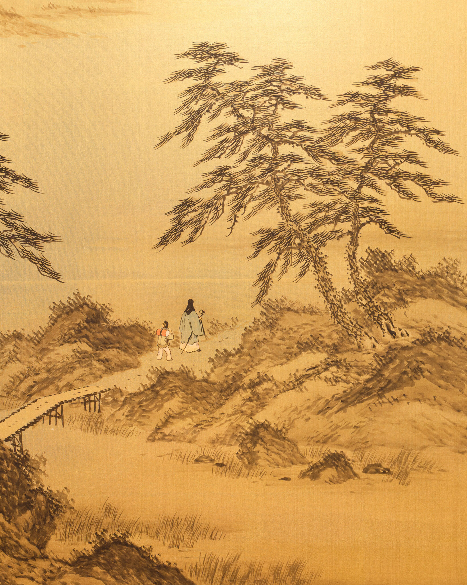 Japanese Two Panel Screen: Rural Mountain Landscape