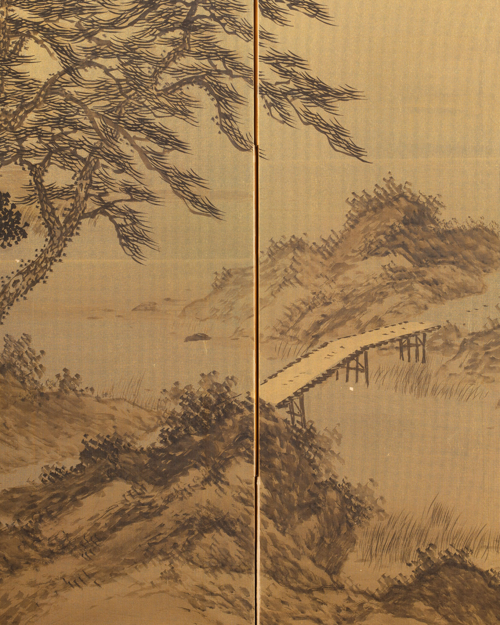 Japanese Two Panel Screen: Rural Mountain Landscape