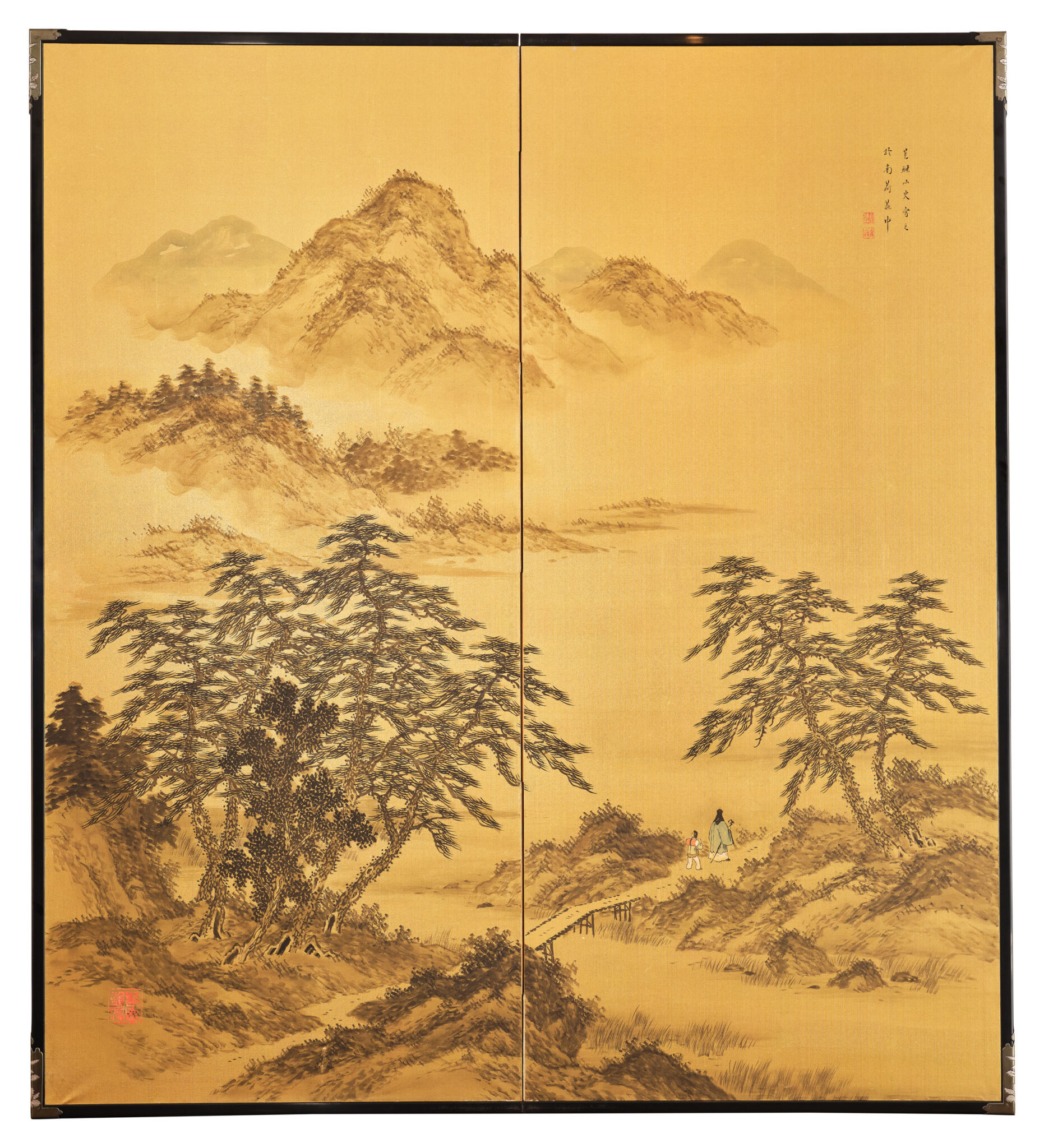Japanese Two Panel Screen: Rural Mountain Landscape