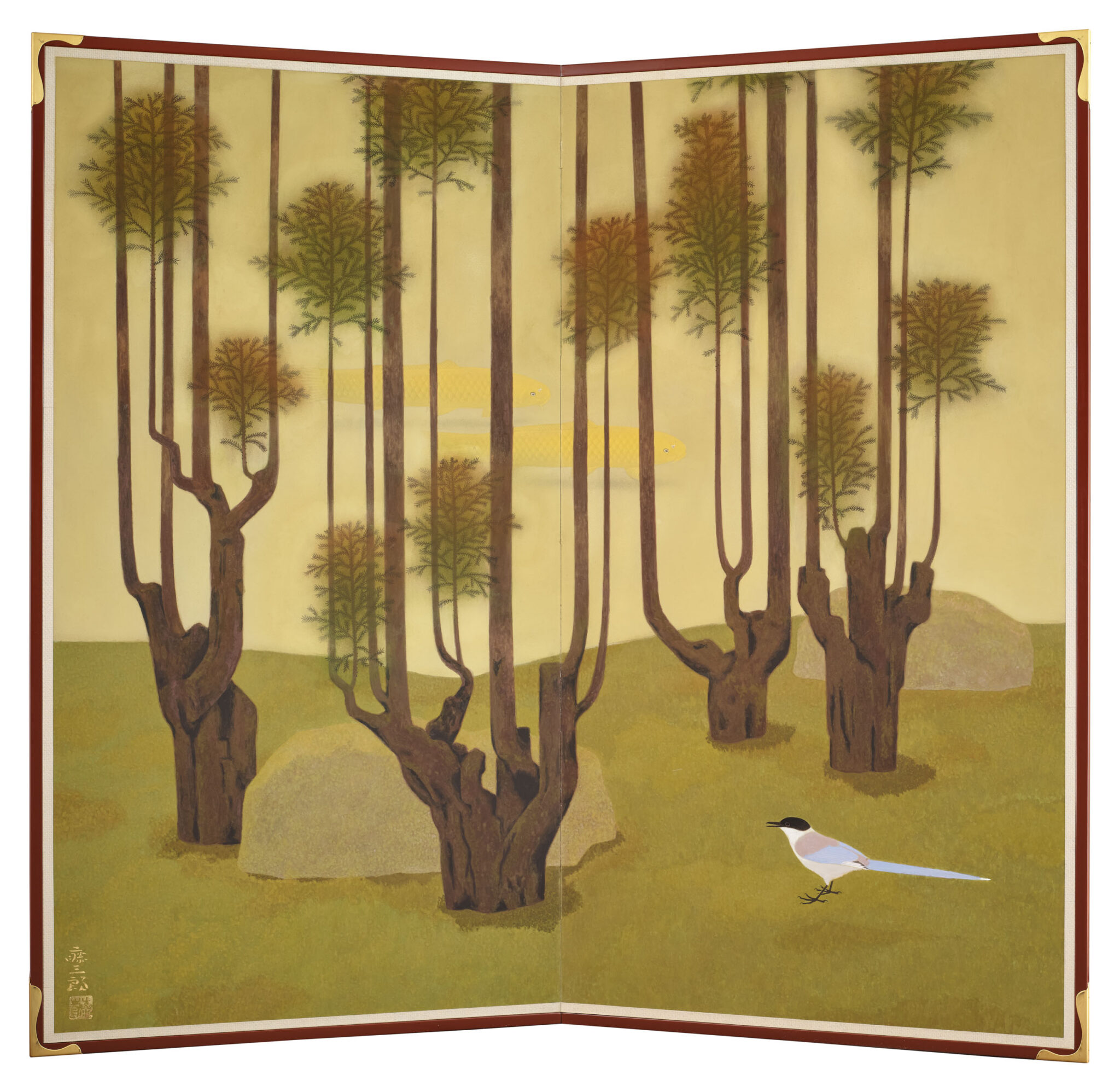 Japanese Two Panel Screen: Topiary Pine by River’s Edge