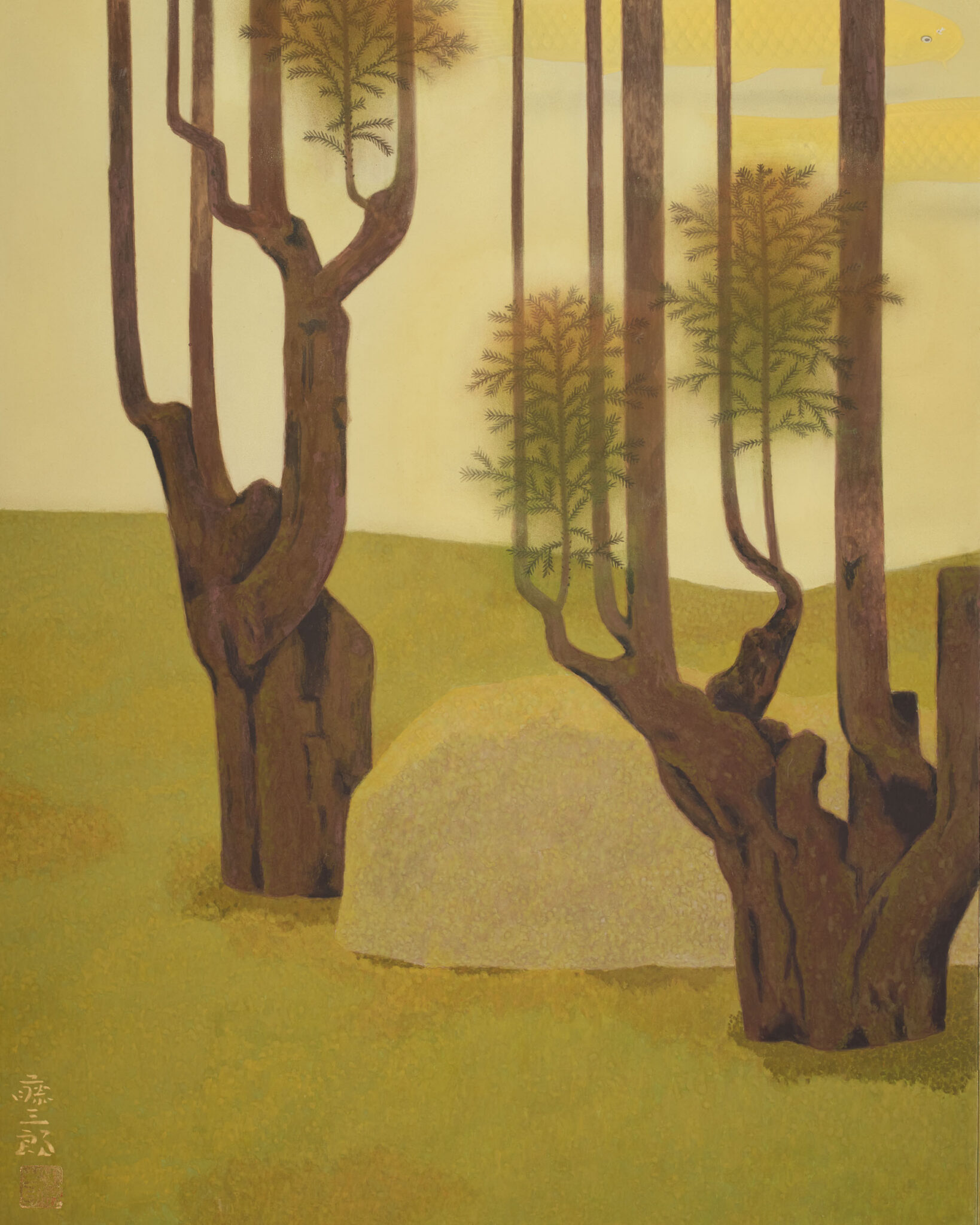 Japanese Two Panel Screen: Topiary Pine by River’s Edge