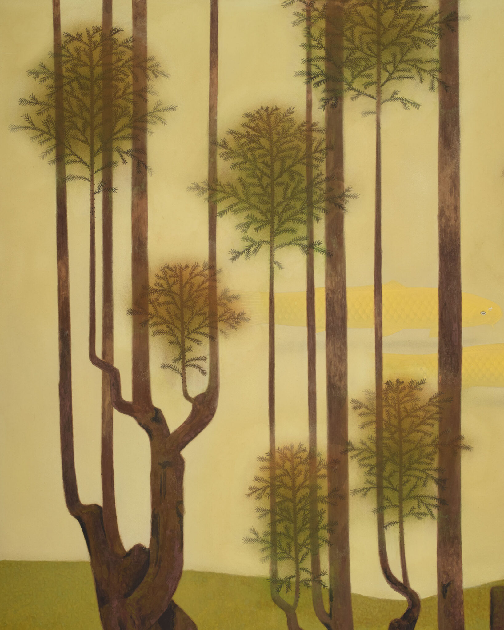 Japanese Two Panel Screen: Topiary Pine by River’s Edge