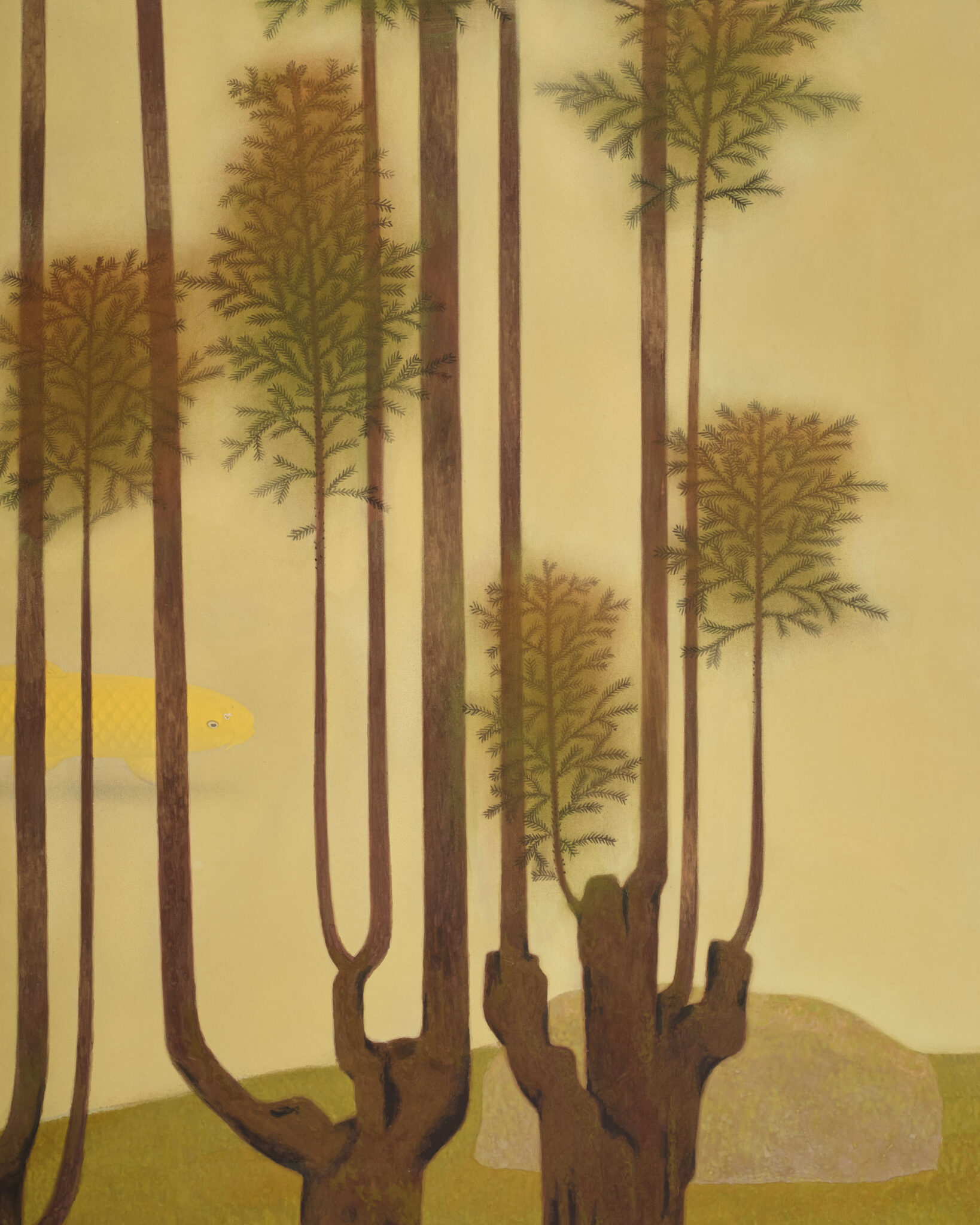 Japanese Two Panel Screen: Topiary Pine by River’s Edge