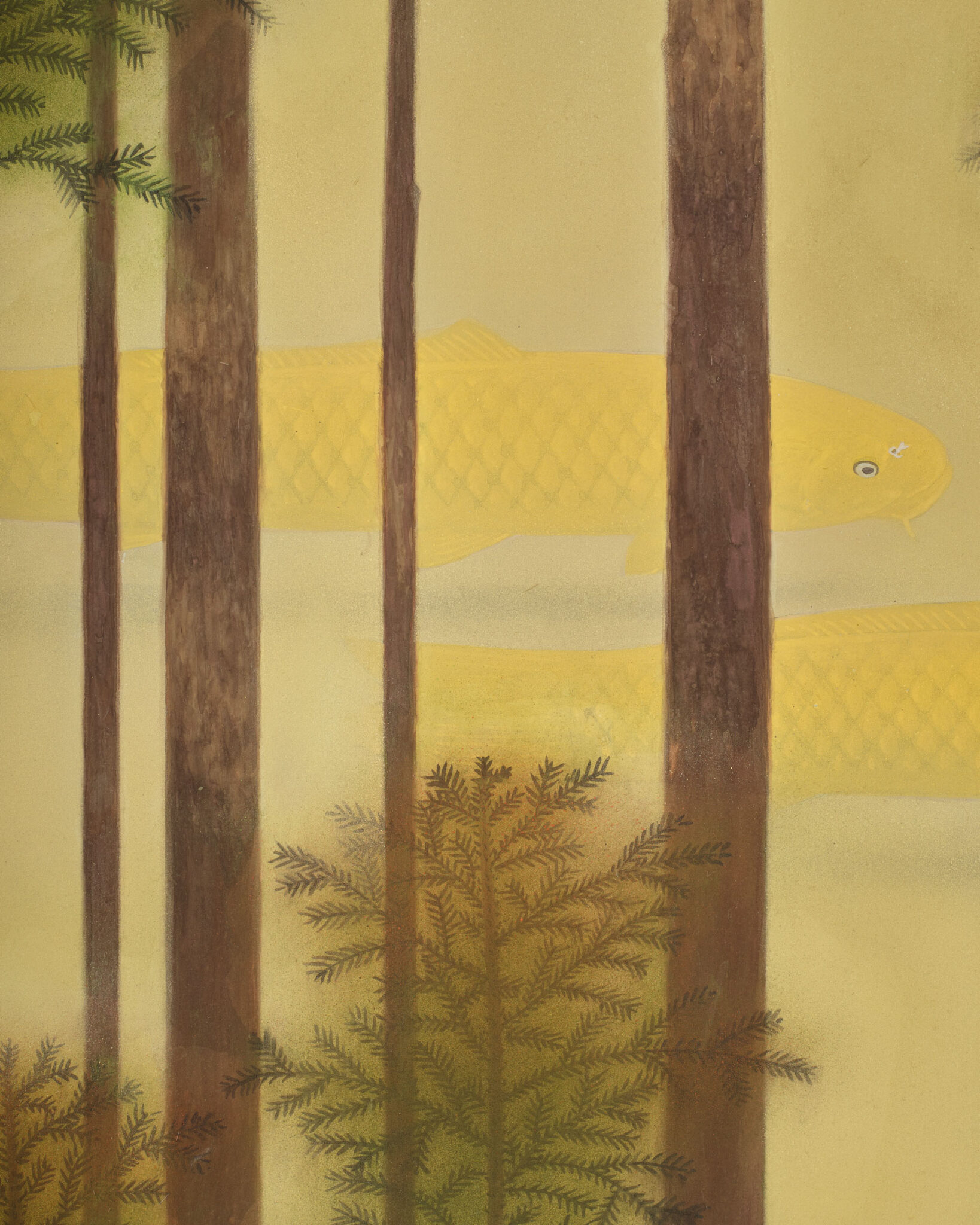 Japanese Two Panel Screen: Topiary Pine by River’s Edge