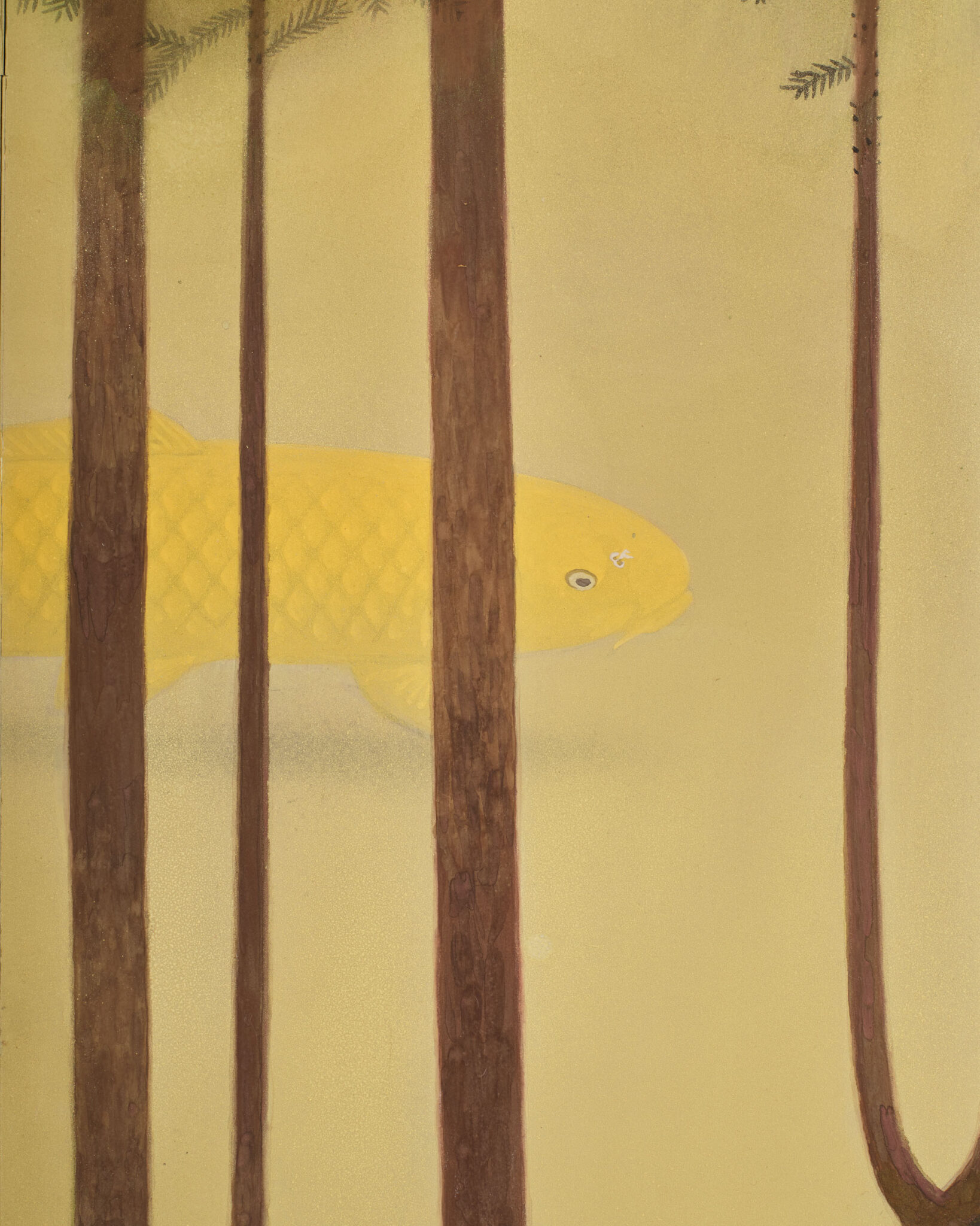 Japanese Two Panel Screen: Topiary Pine by River’s Edge
