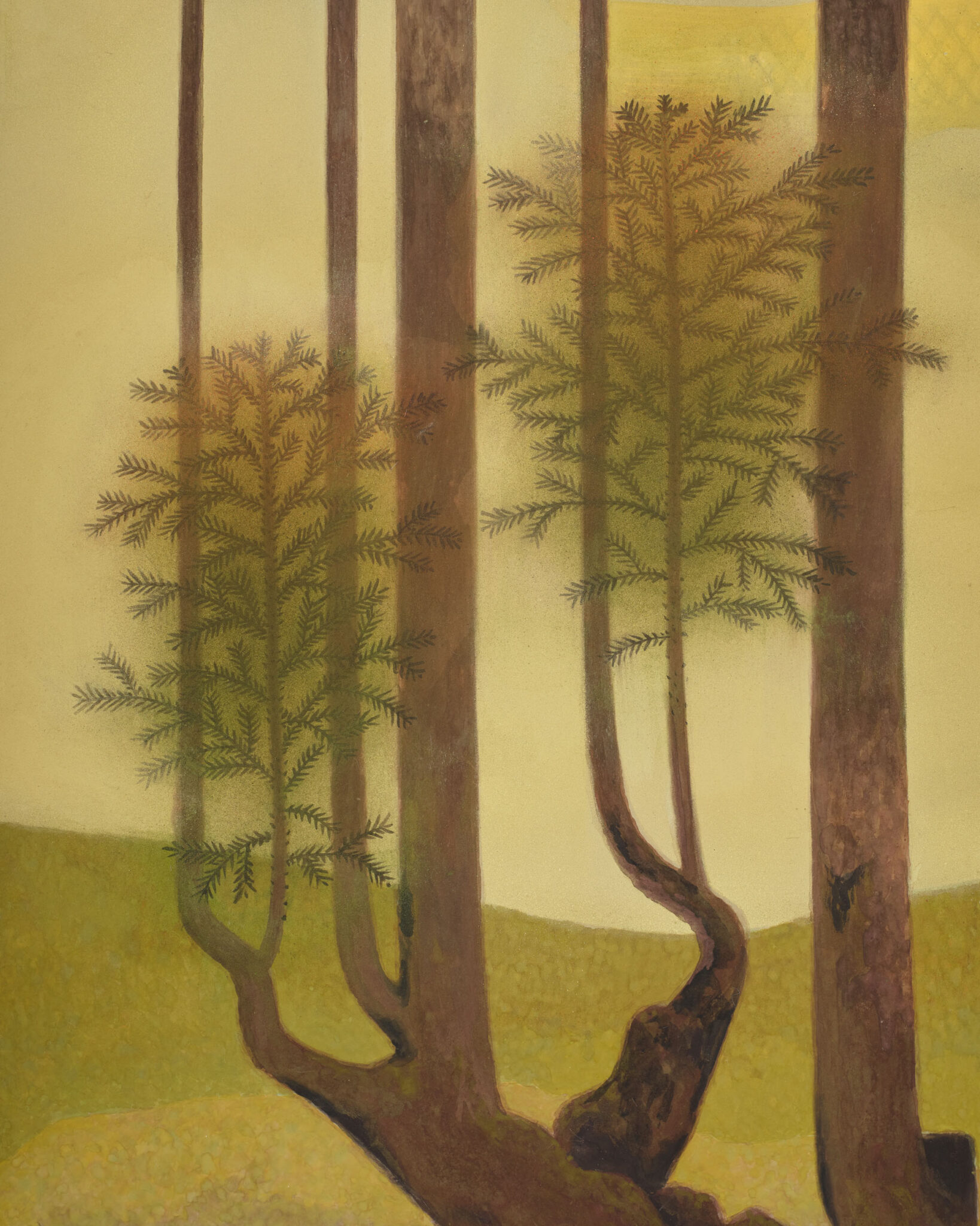 Japanese Two Panel Screen: Topiary Pine by River’s Edge
