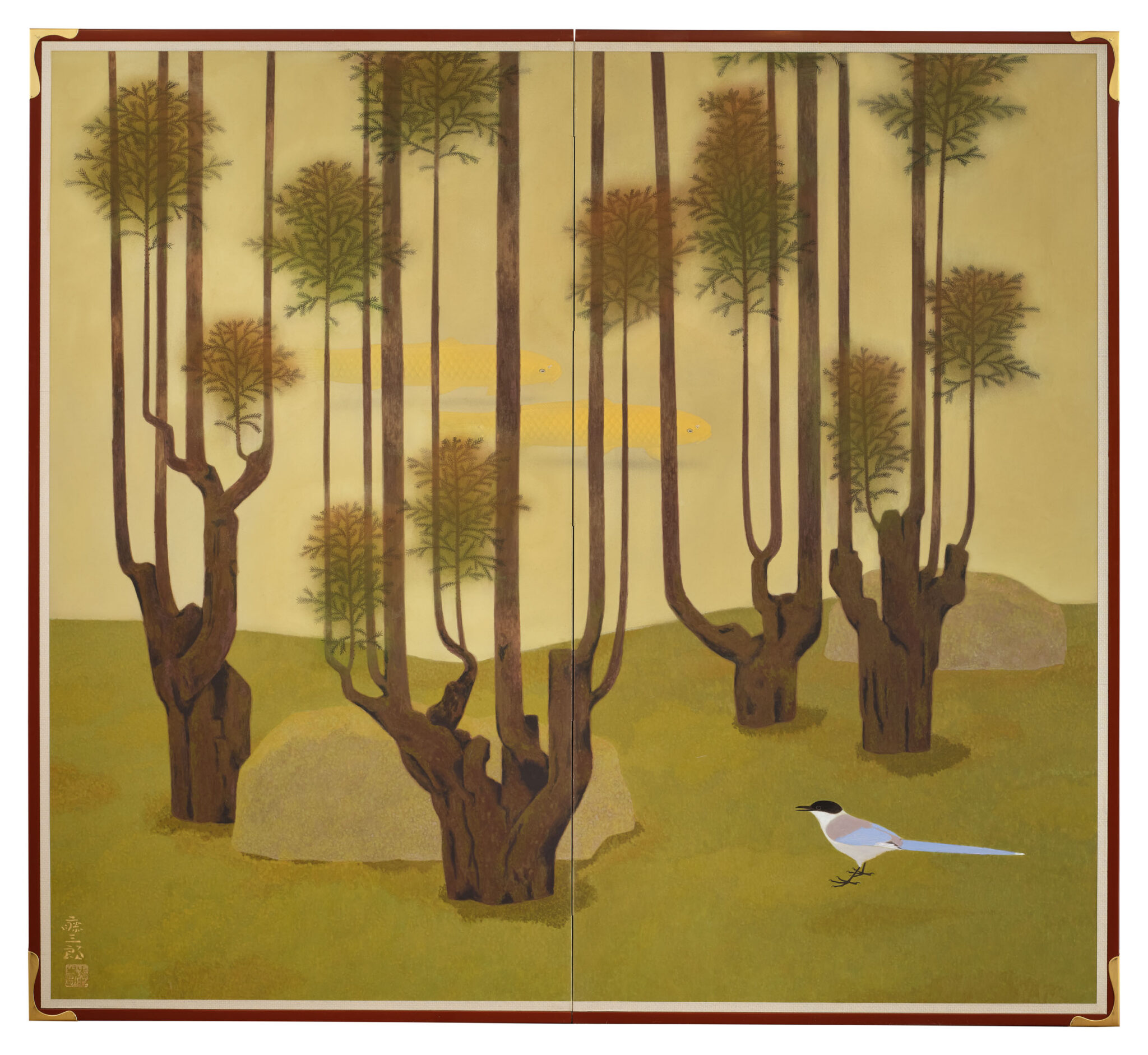 Japanese Two Panel Screen: Topiary Pine by River’s Edge
