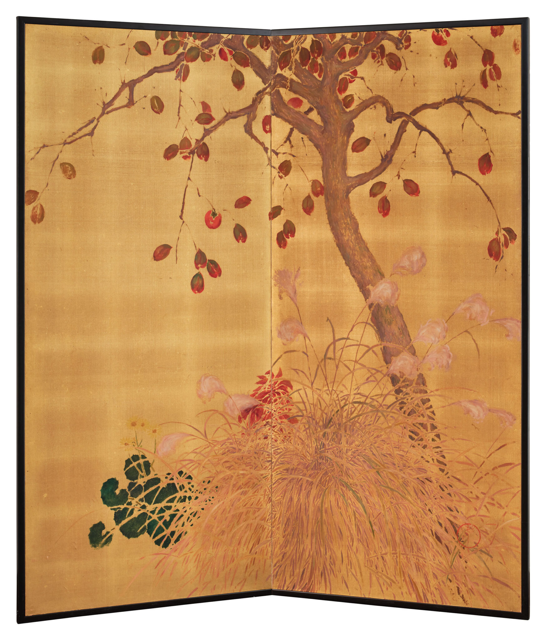 Japanese Two Panel Screen: Persimmon on Gold Silk