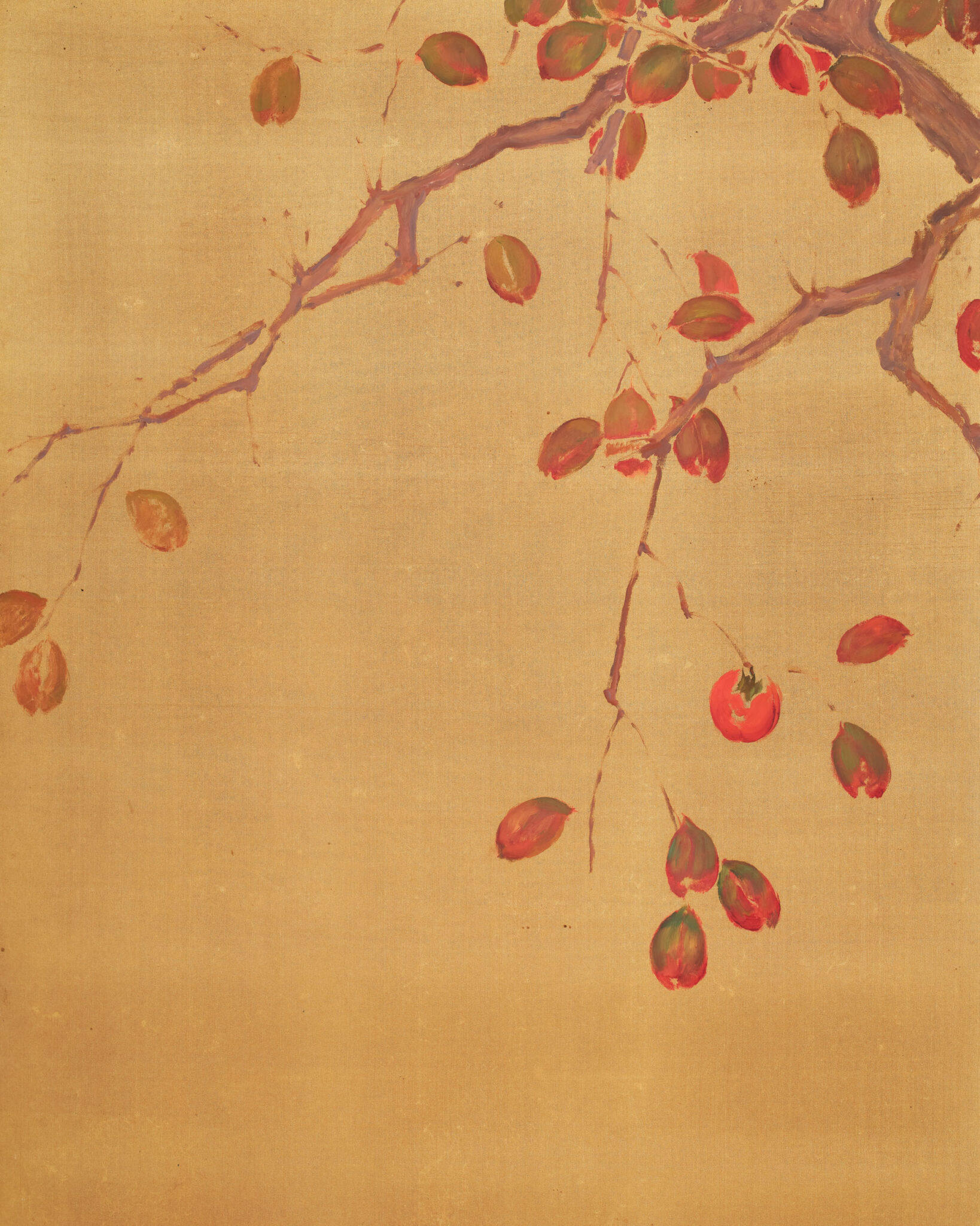 Japanese Two Panel Screen: Persimmon on Gold Silk