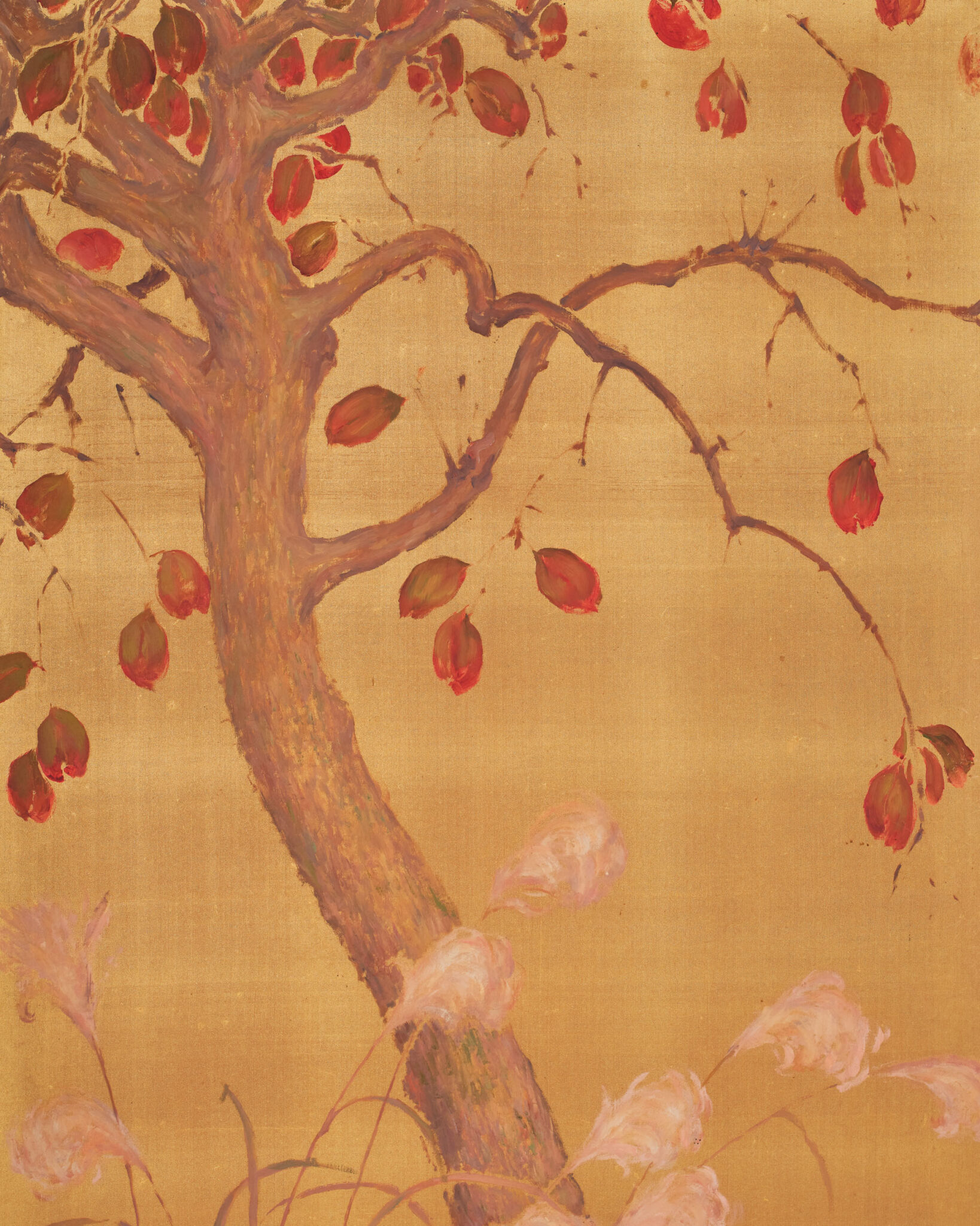 Japanese Two Panel Screen: Persimmon on Gold Silk