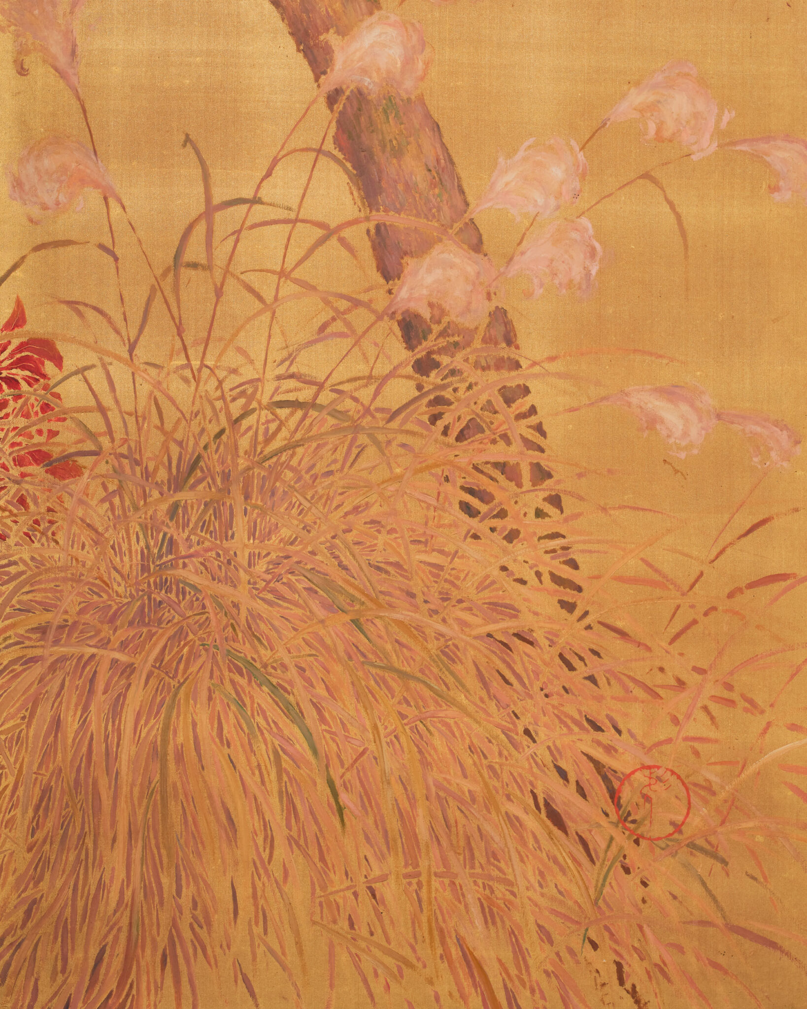 Japanese Two Panel Screen: Persimmon on Gold Silk