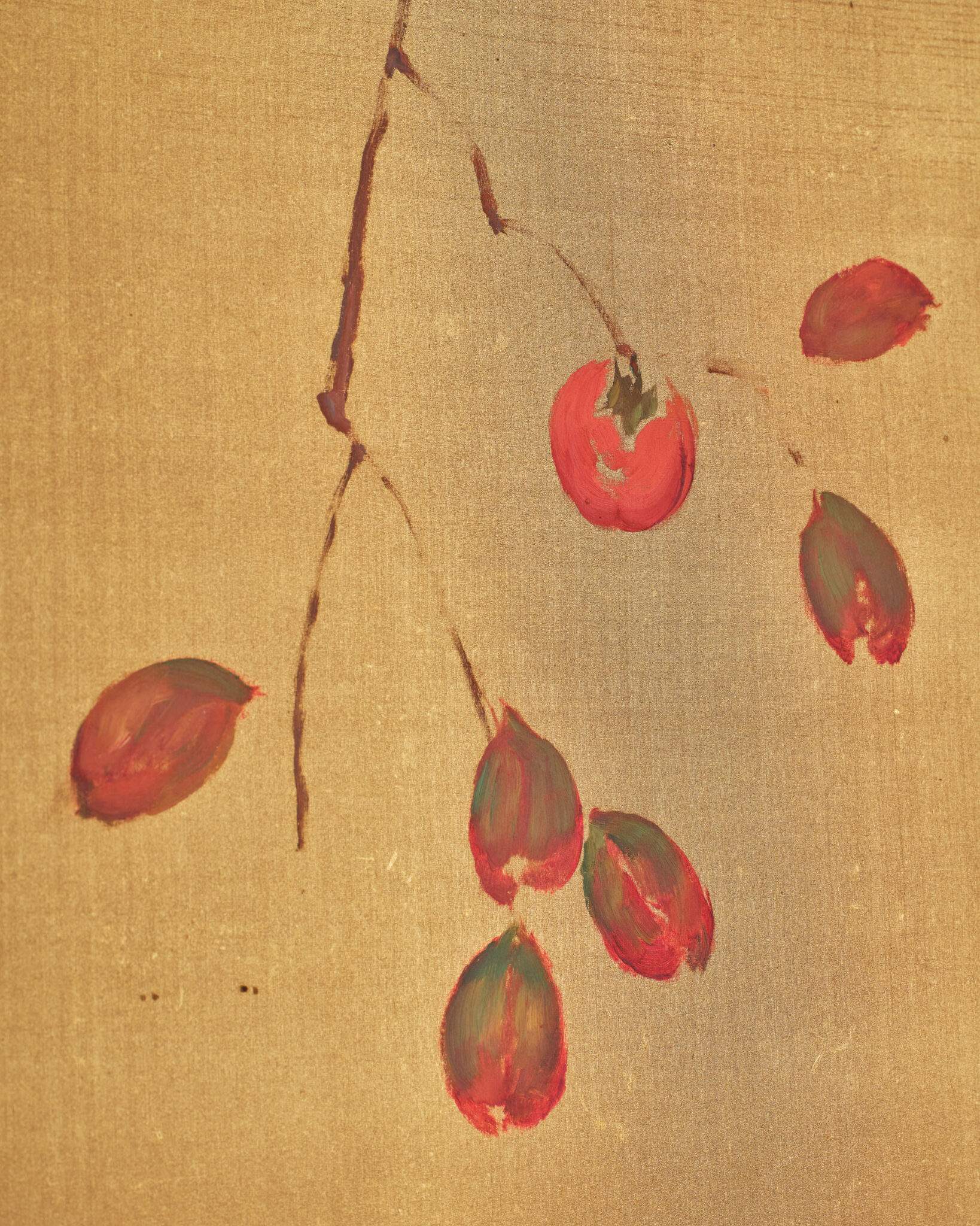 Japanese Two Panel Screen: Persimmon on Gold Silk