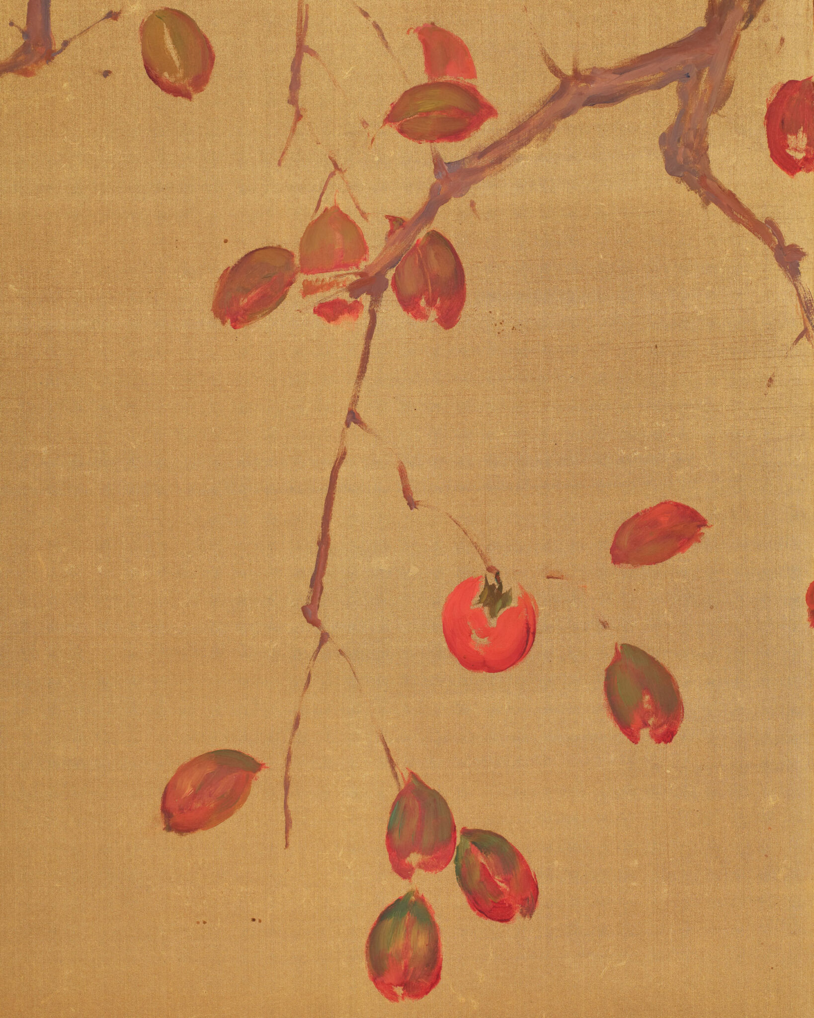 Japanese Two Panel Screen: Persimmon on Gold Silk