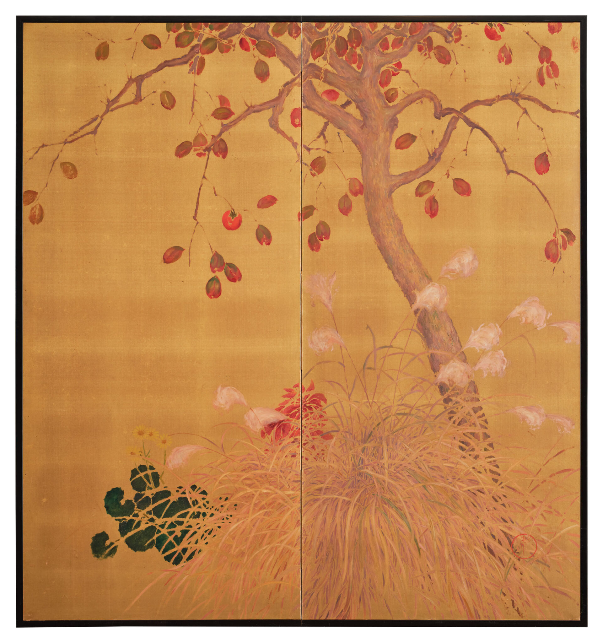 Japanese Two Panel Screen: Persimmon on Gold Silk