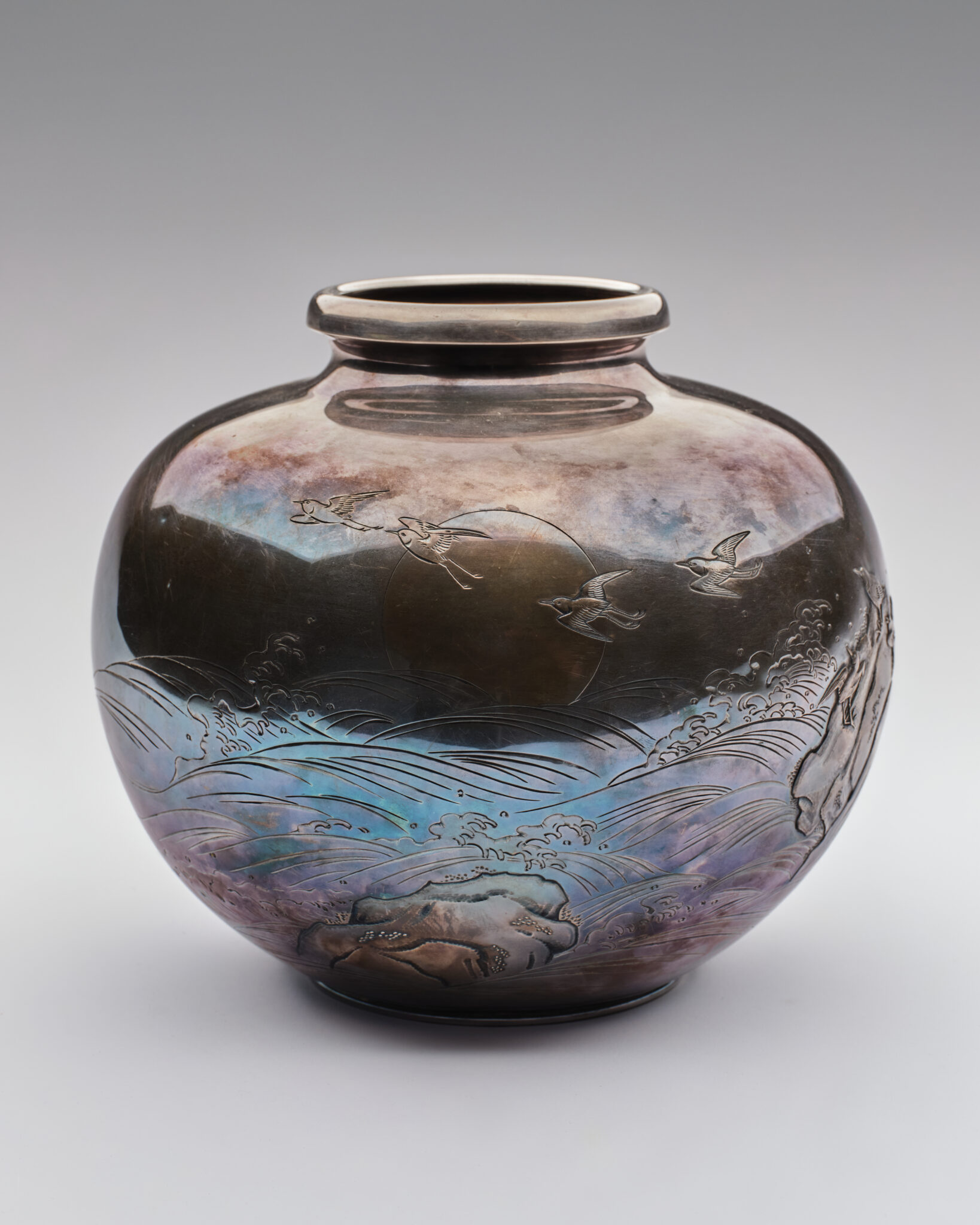 Japanese Silver Vase with Birds and Waterside Landscape