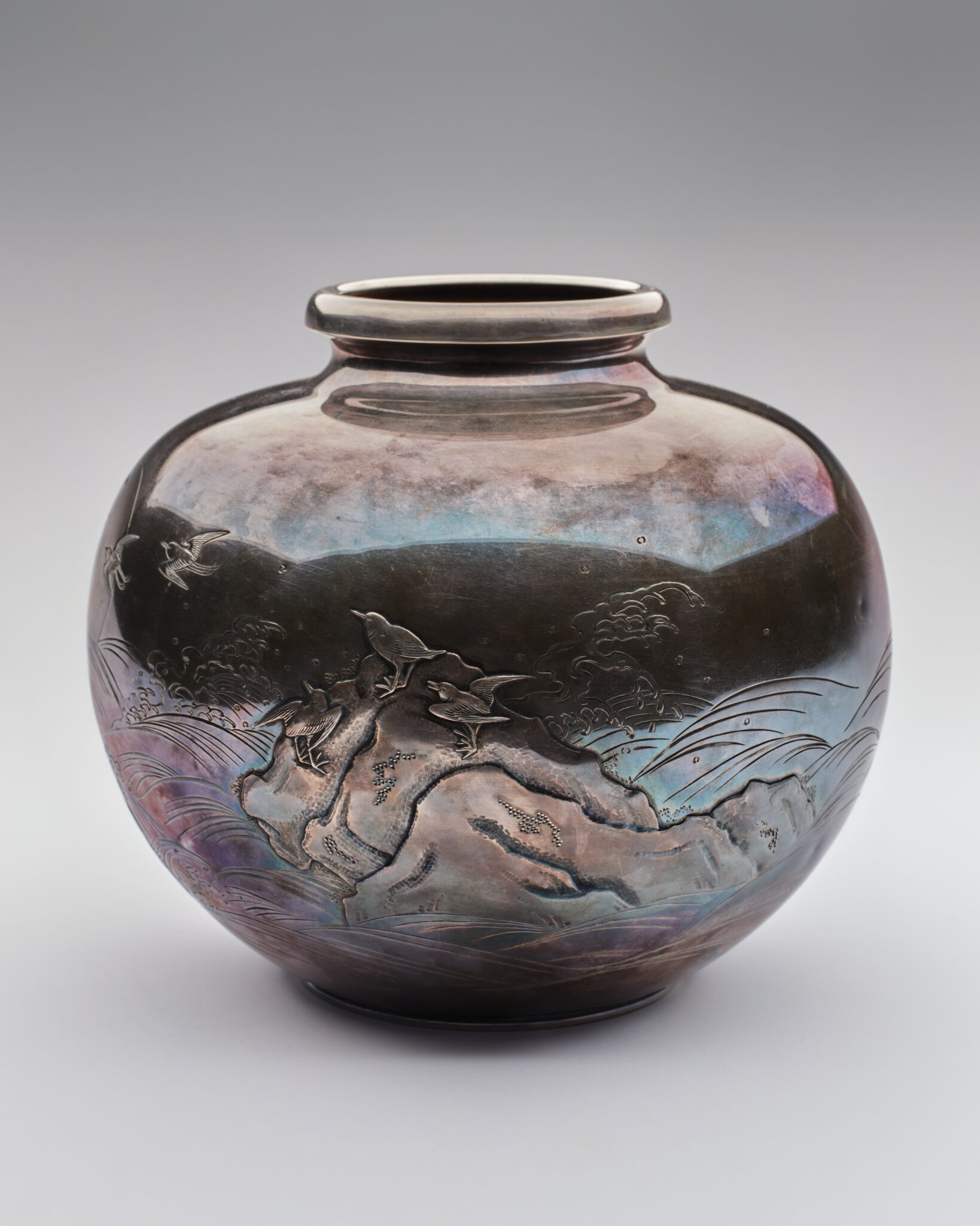 Japanese Silver Vase with Birds and Waterside Landscape