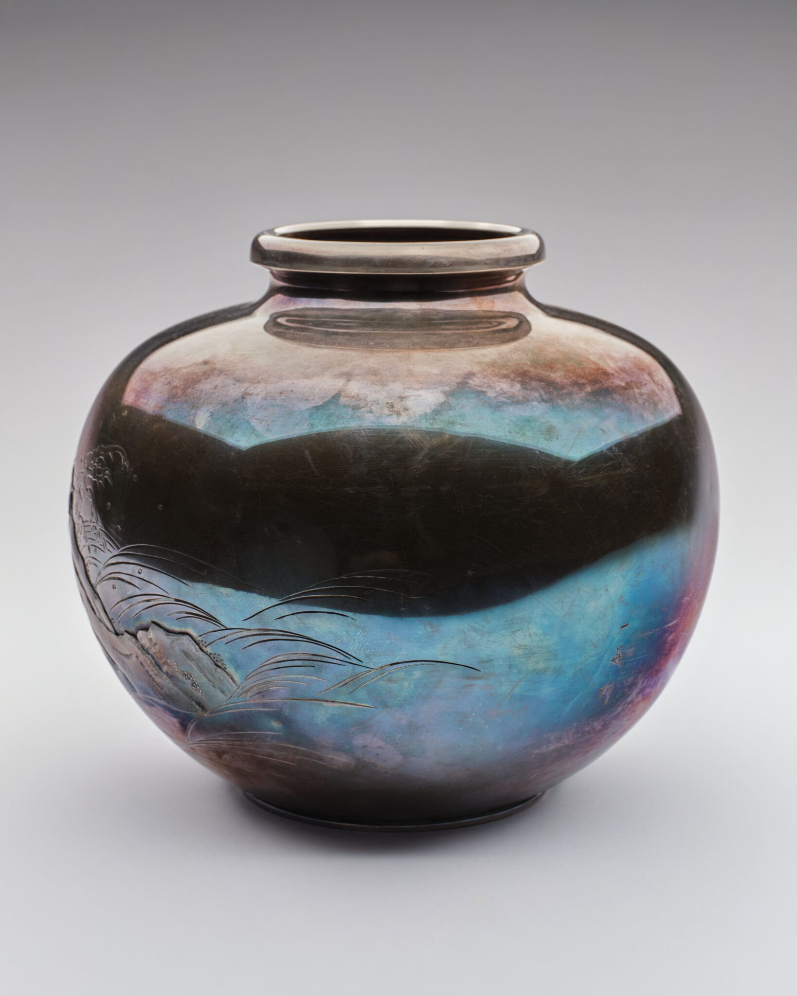 Japanese Silver Vase with Birds and Waterside Landscape