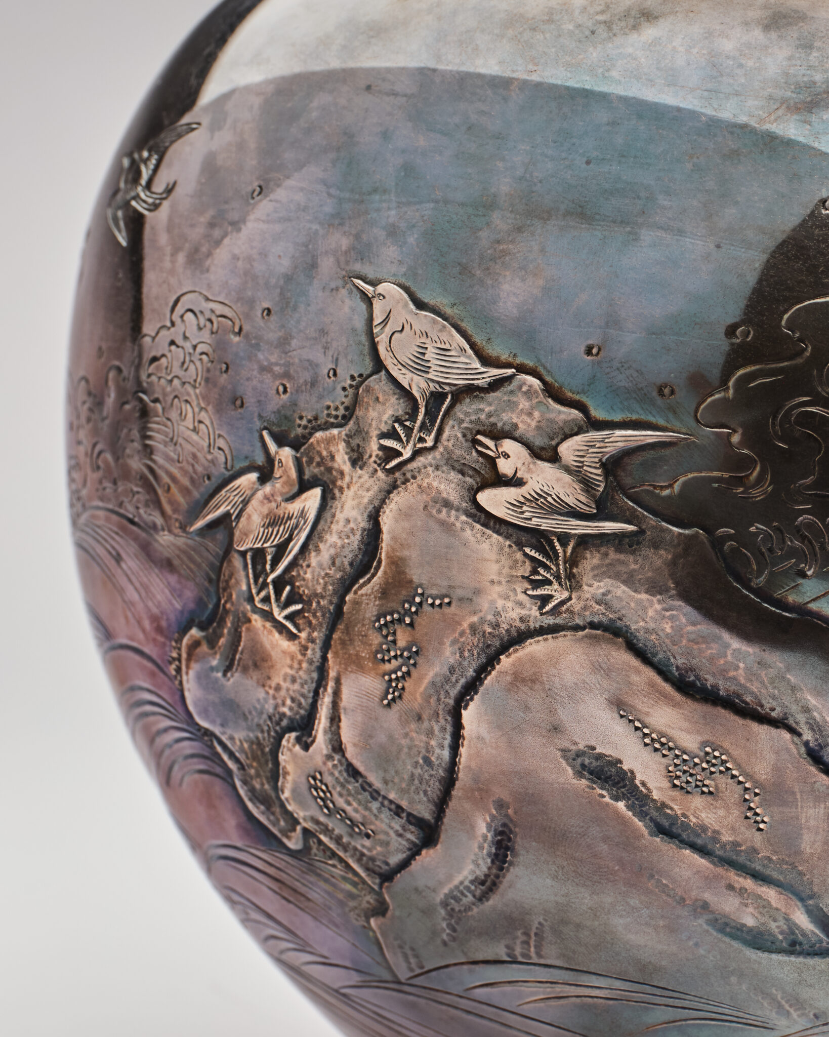 Japanese Silver Vase with Birds and Waterside Landscape