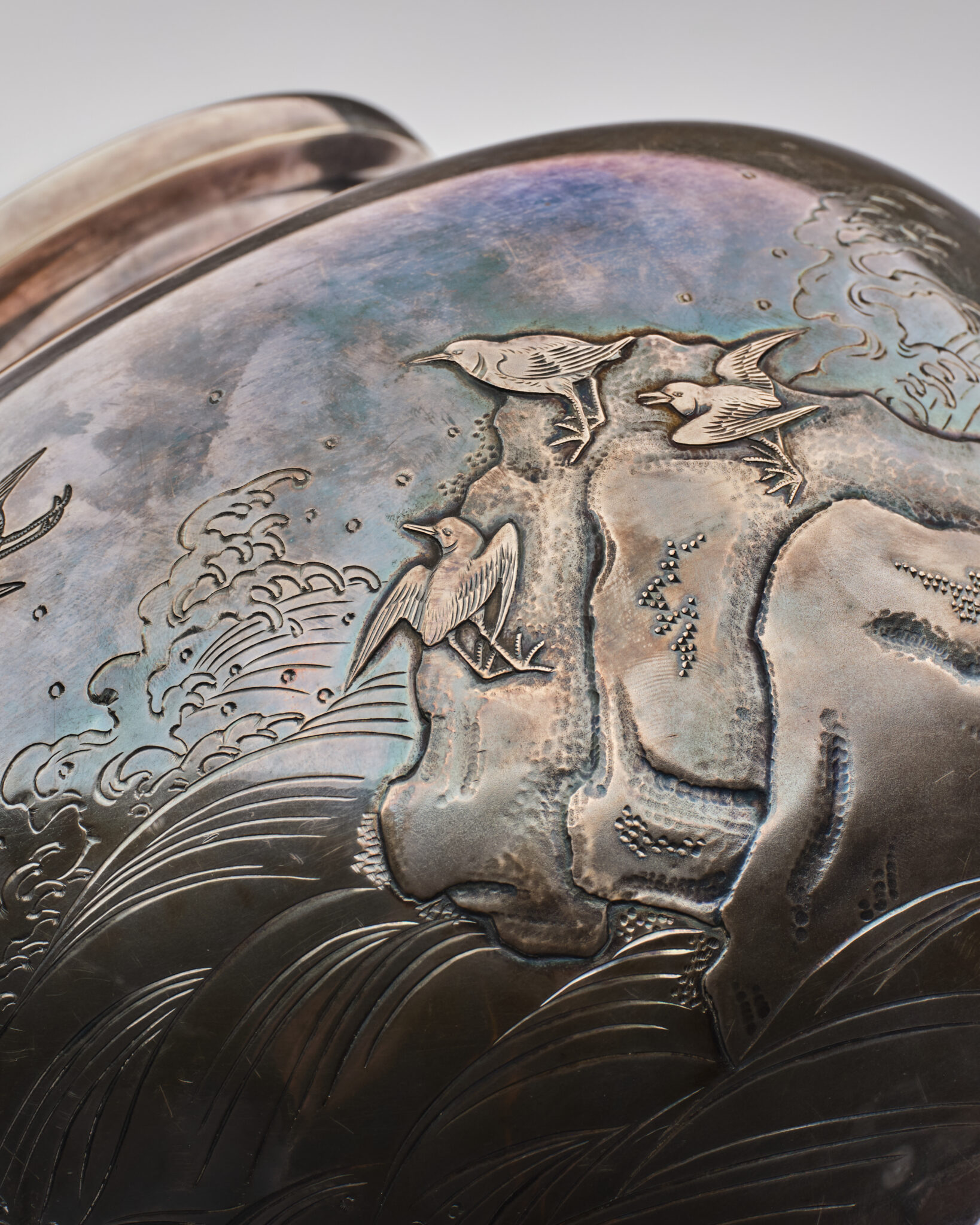 Japanese Silver Vase with Birds and Waterside Landscape