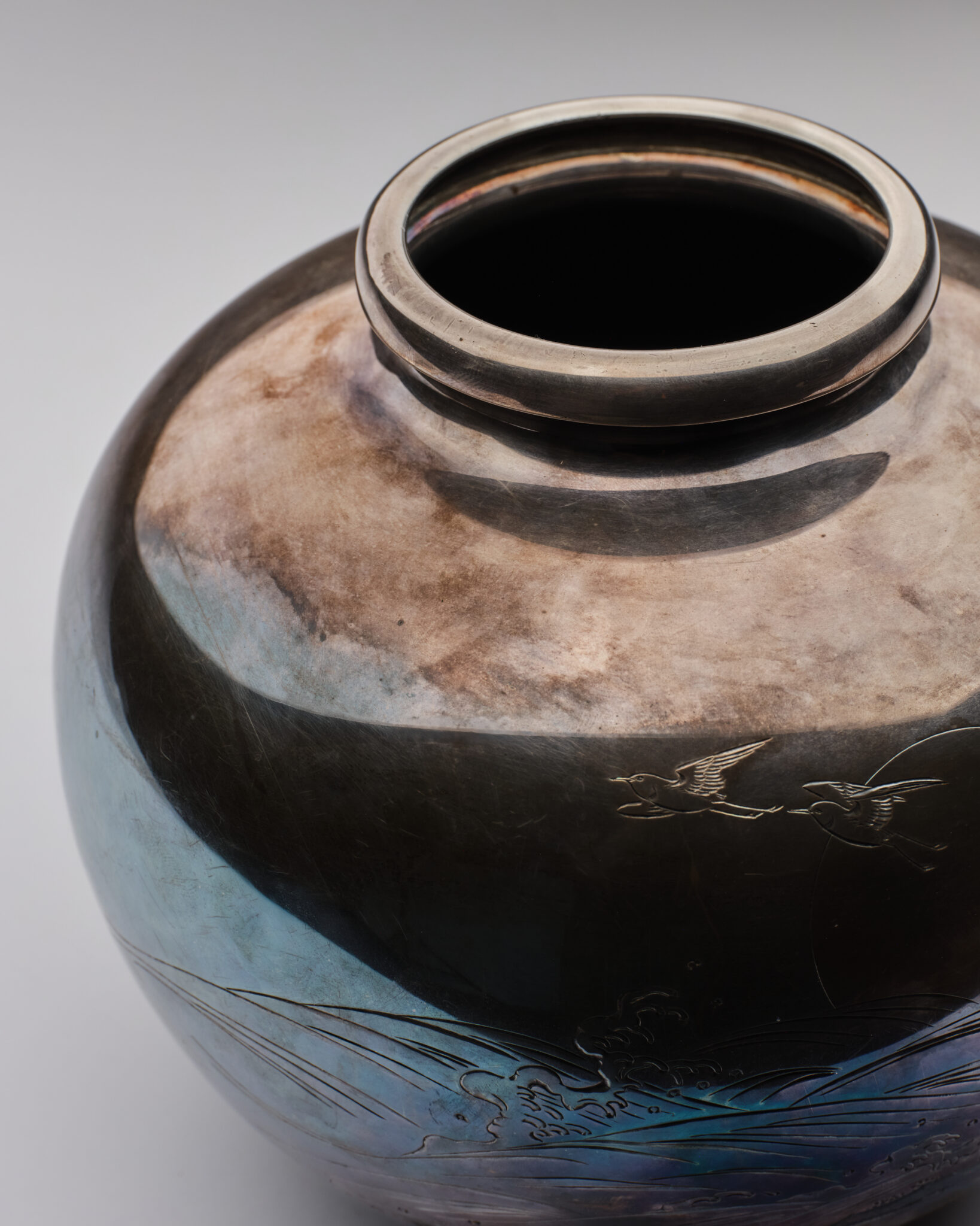 Japanese Silver Vase with Birds and Waterside Landscape