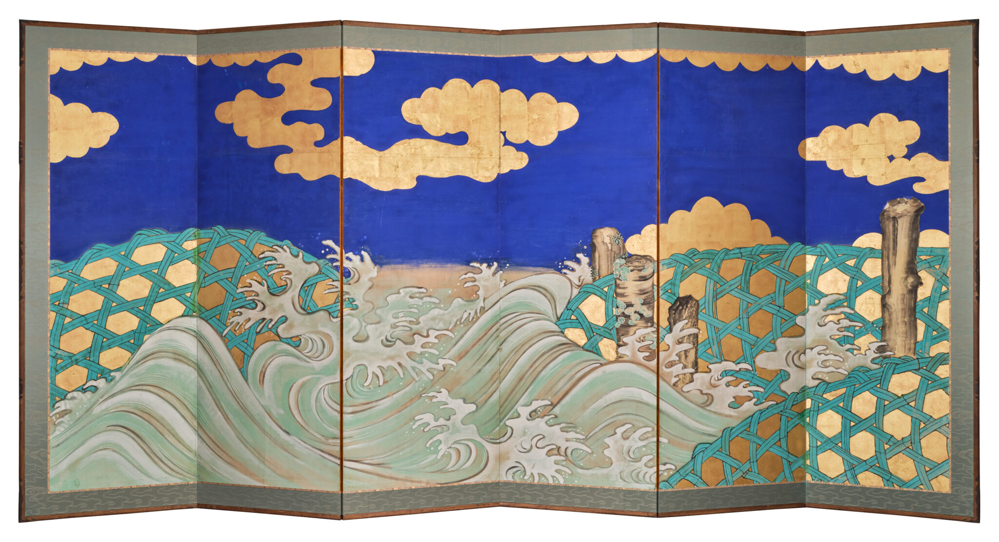 Japanese Six-Panel Screen: Vibrant Ocean Landscape with Fishing Nets