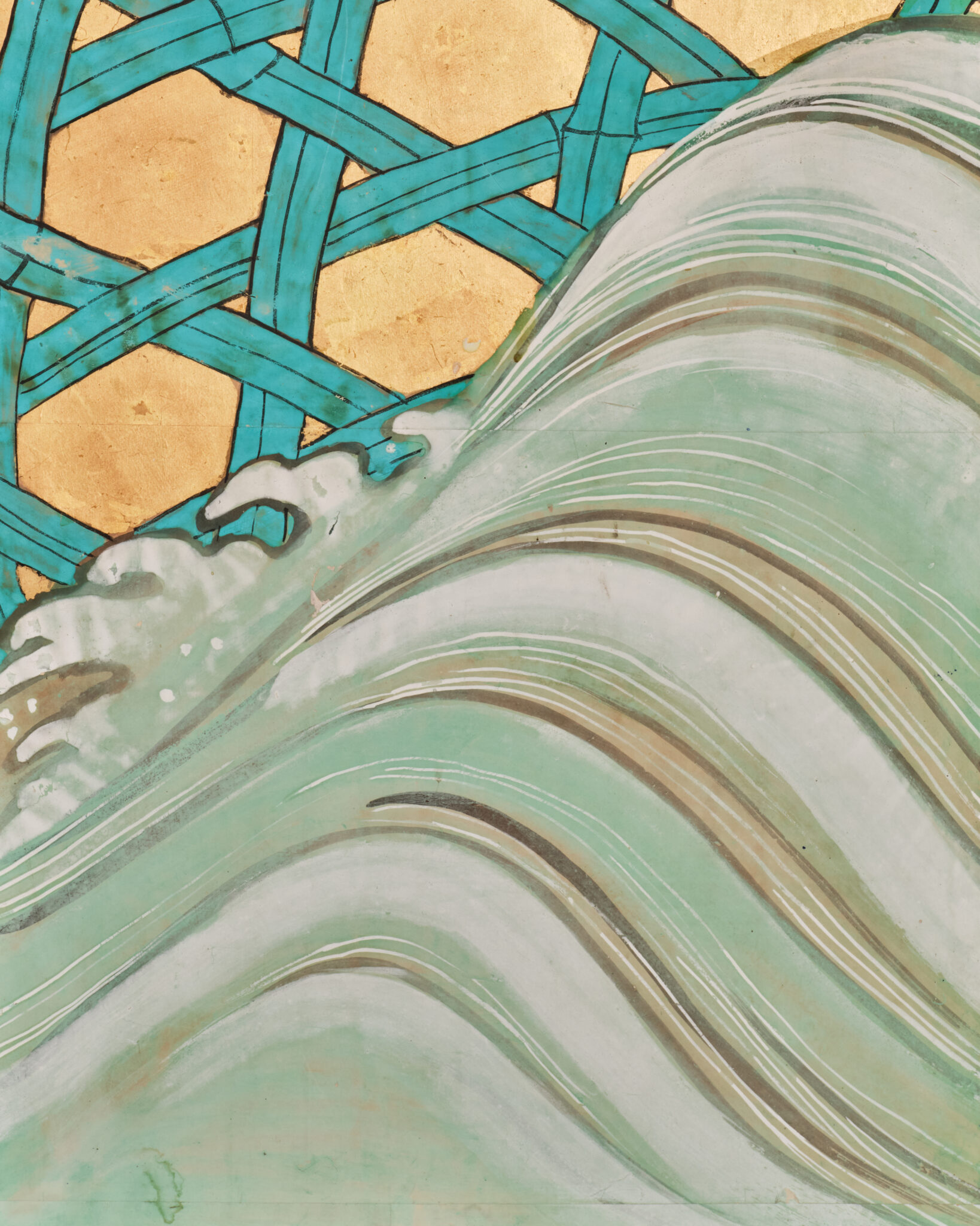 Japanese Six-Panel Screen: Vibrant Ocean Landscape with Fishing Nets