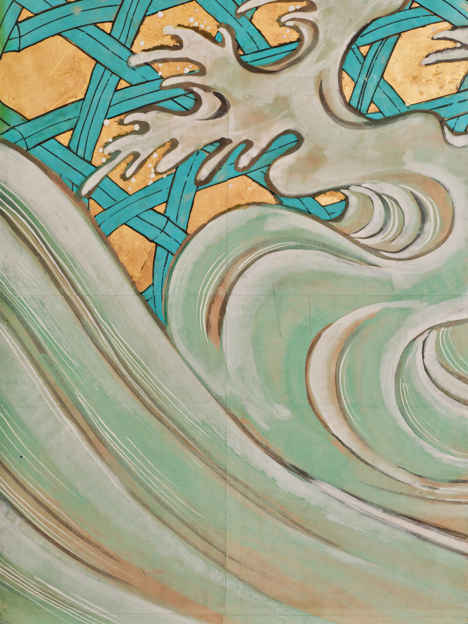 Japanese Six-Panel Screen: Vibrant Ocean Landscape with Fishing Nets
